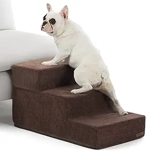 Lesure Dog Stairs for Small Dogs - Pet Stairs for Beds and Couch, Folding Pet Steps with CertiPUR-US Certified Foam for Cat and Doggy, Non-Slip Bottom Dog Steps, Brown, 3 Steps Extra Wide