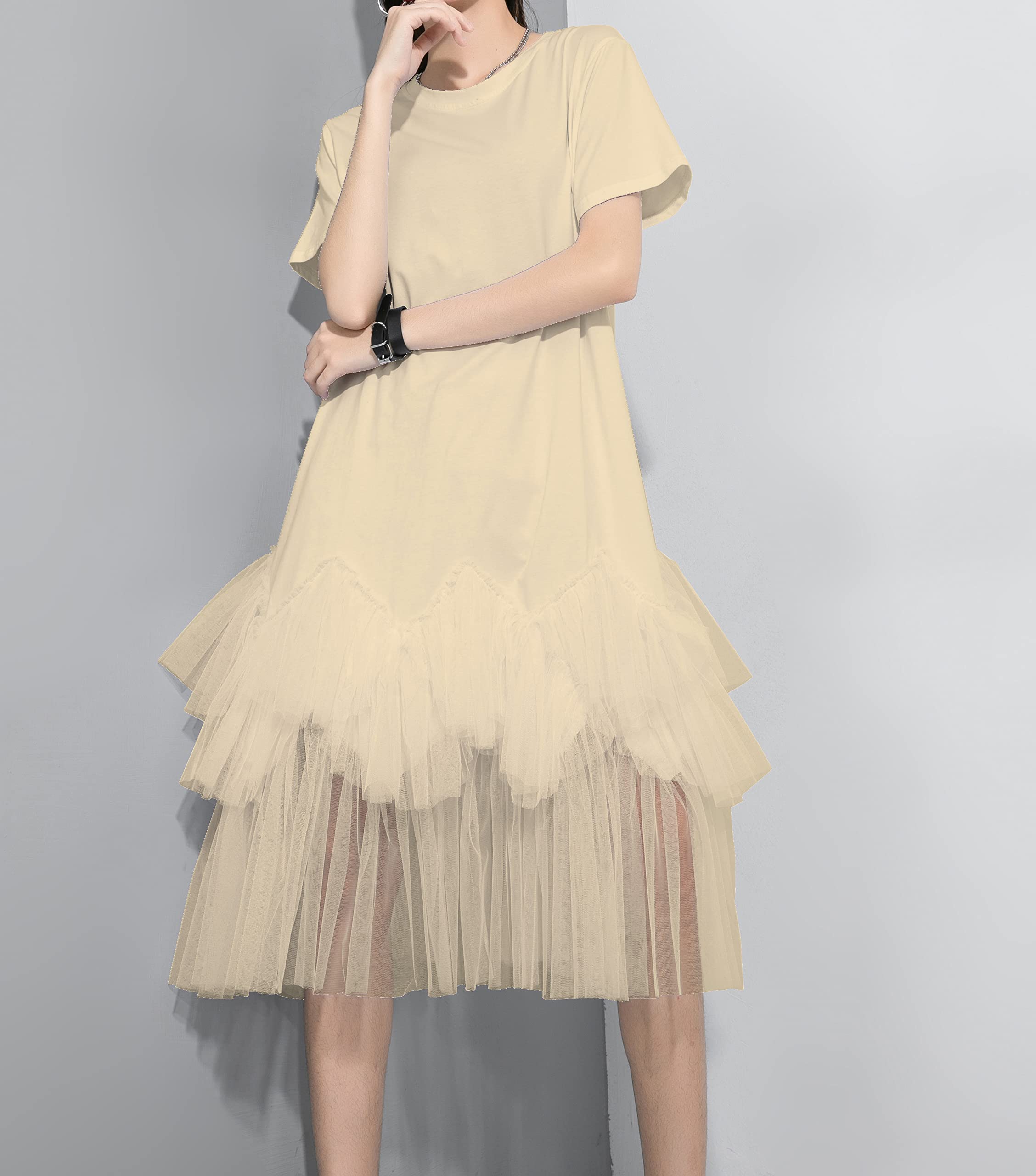 ellazhu Damen Kurzarm Casual Rundhals Patchwork Sommerkleid Tüll Kleid Oversized T-Shirt Kleid GY2266