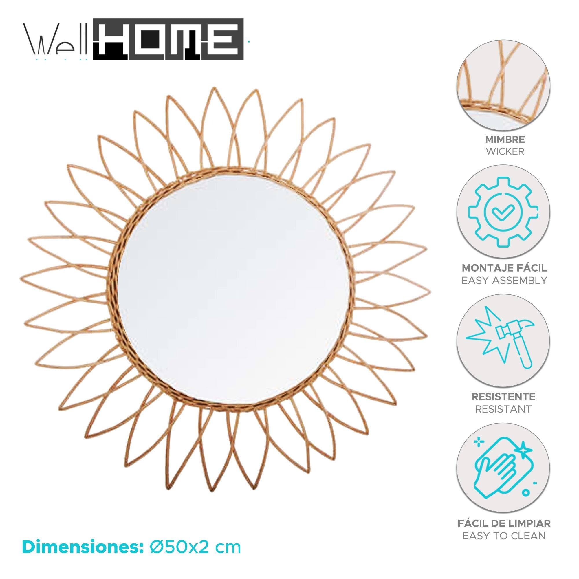 Well Home Miroir en rotin de Soleil avec Design Tranchant à l'extérieur Ø50 cm