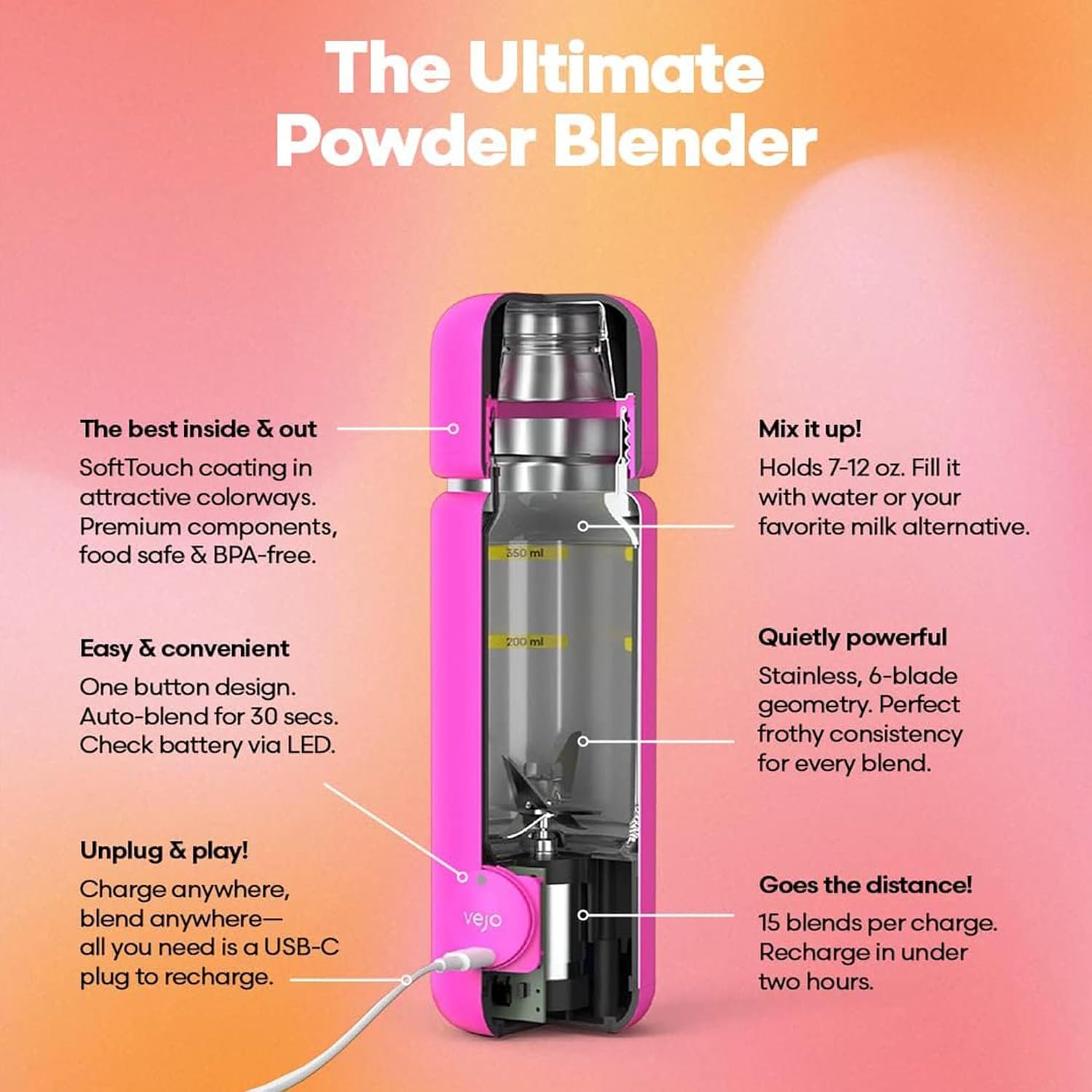 Vejo Personal Blender Powder-Powered Blending System | No Shaking | No Clumps | No Prep | Easy One-Button Design | USB Rechargeable Blender | Black
