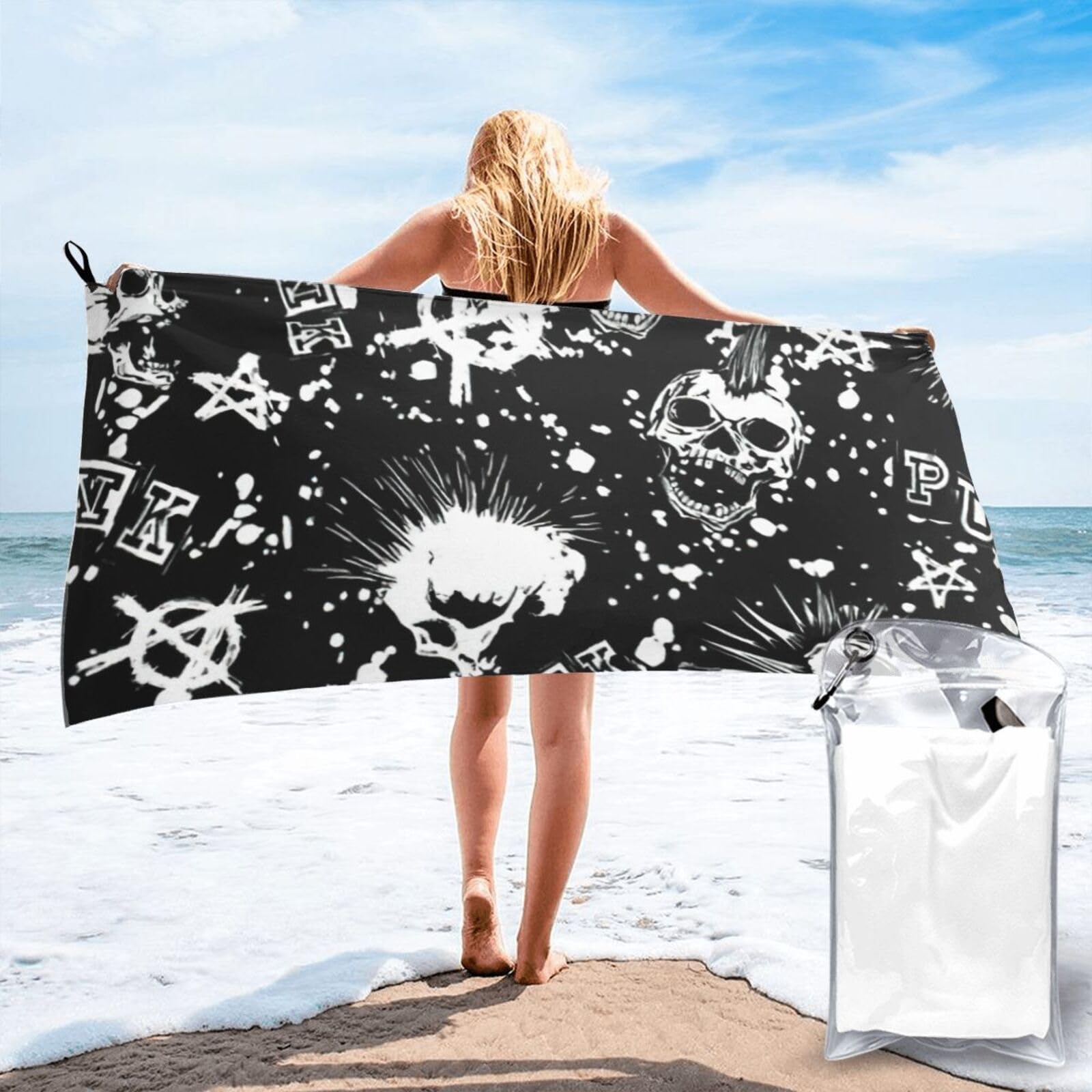 NImongt White Punk Skull Print Adult Towel Travel Gym Beach Hiking Yoga Camping Lightweight Quick Dry Versatile