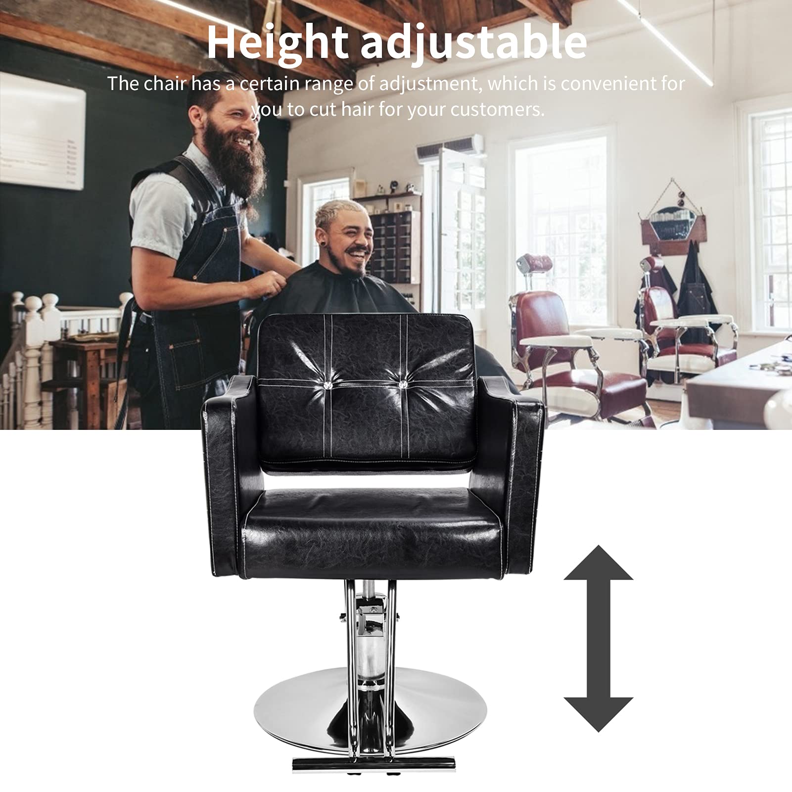 Schwarzer Retro-Friseurstuhl, höhenverstellbarer Friseurstuhl aus PU-Leder für Schönheitssalons, professionelle Stylisten, robust, 300 kg belastbar, verchromter Stahlrahmen