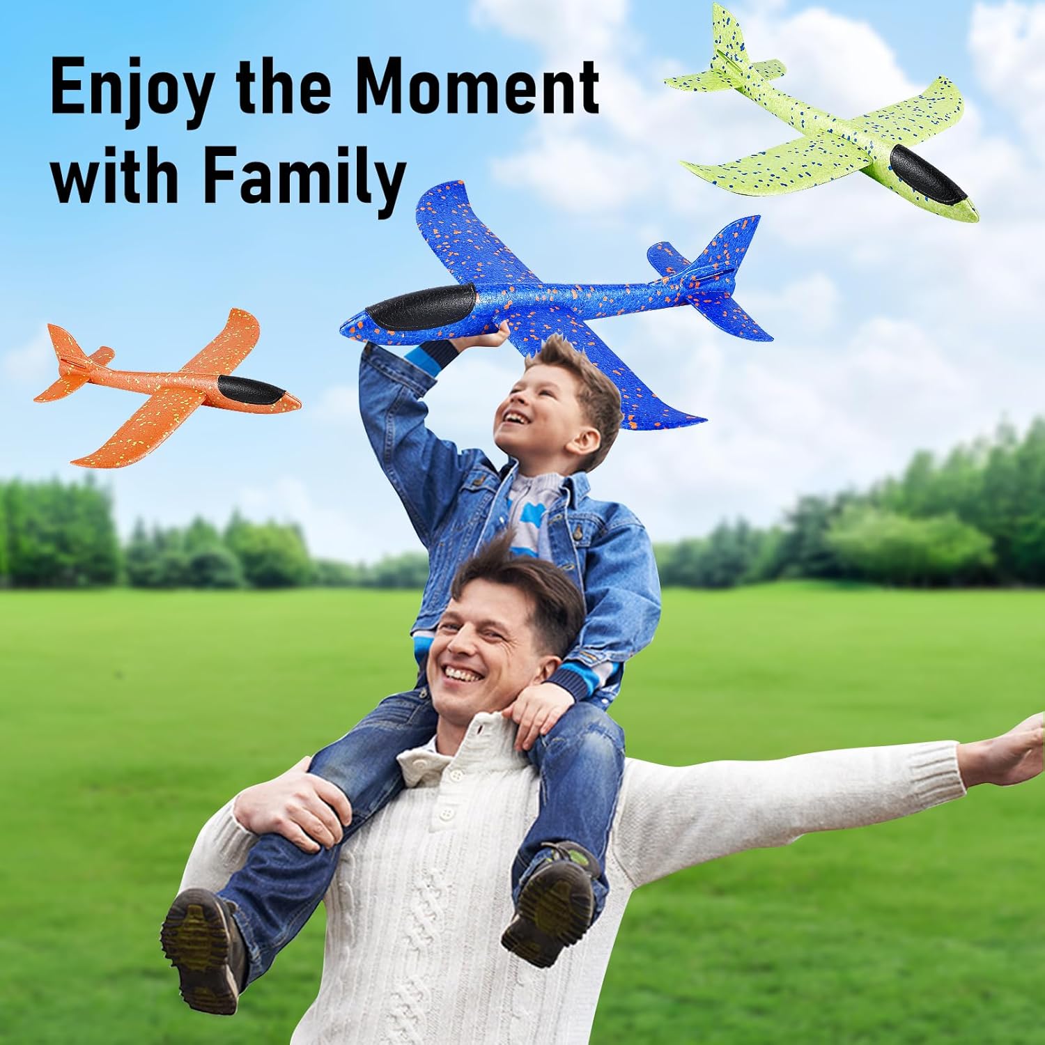 Jeffbaubl 4 Pack Foam Airplanes, 17.5 inch Airplane Toys, Large Throwing Foam Plane, 2 Flight Mode Glider Plane Flying Toy for Kids 3-7 Year Olds Outdoor Sport Birthday Party(with Spotted, 4 Colors)