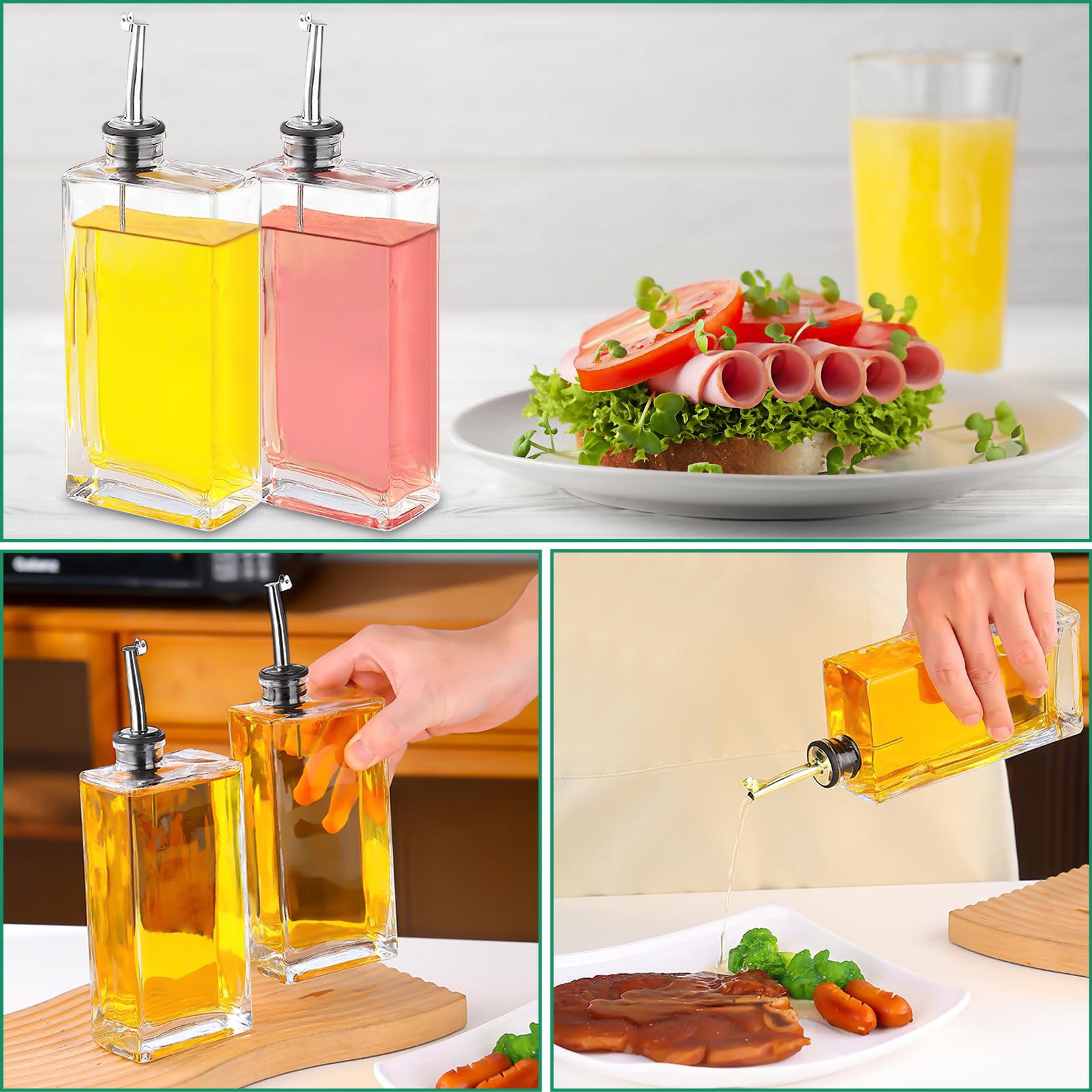 Oliera Salvagoccia Set Bottiglie Vetro per Olio e Aceto con Beccuccio in Acciaio Inox 304 Distributore per Bottiglia di Vetro per Cucina e BBQ 500ML 2 Pezzi con Imbuto (500ml - Nero)