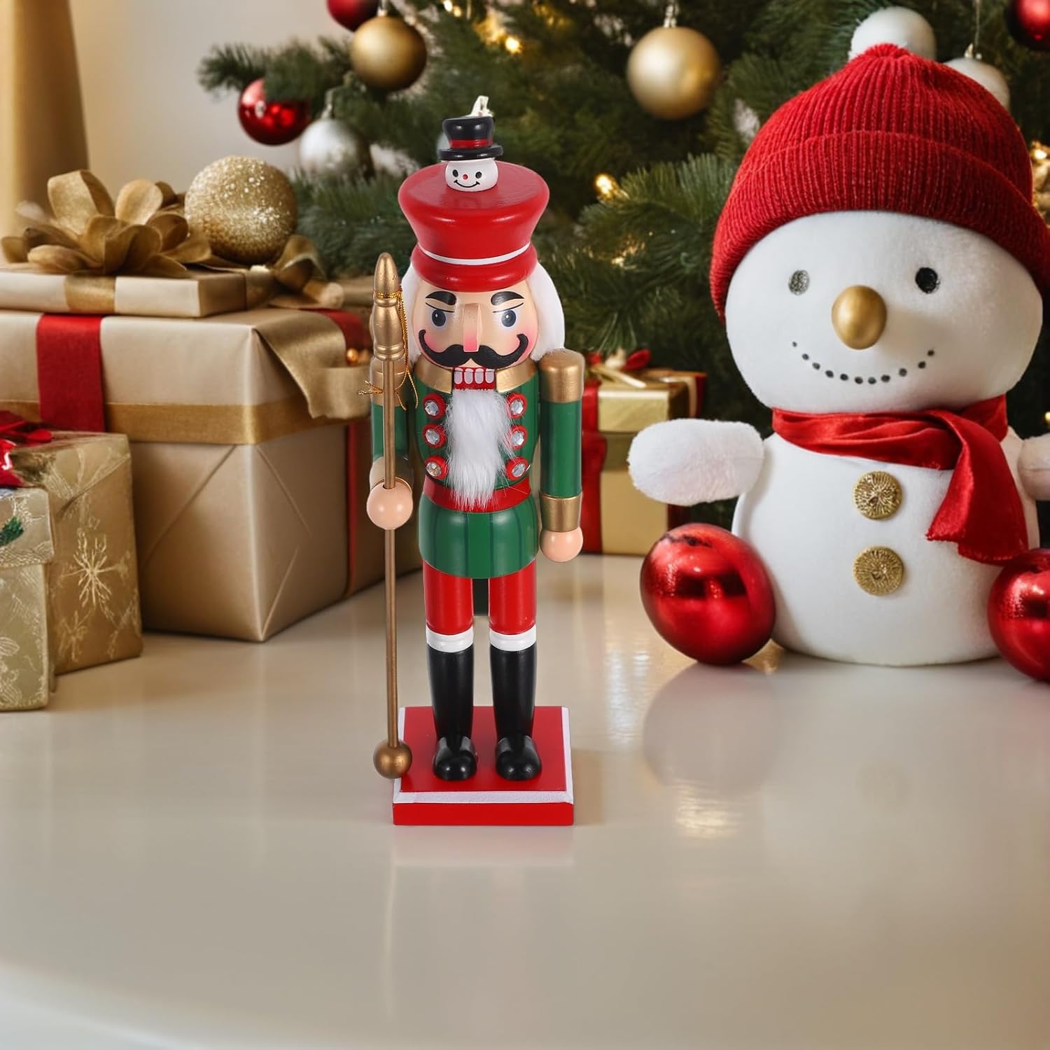 LOGOFUN Wooden Nutcracker Soldier Figurine Christmas Ornament Traditional Statue Puppet for Fireplace Tabletop Holiday Decor - Red Green