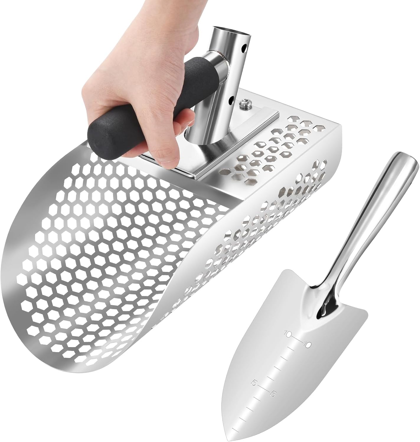 GADFISH Sand Scoop for Metal Detecting, Heavy Duty Metal Detector Beach Finds Scoop, Stainless Steel Metal Detecting Tool Digging Shovel Fast Sifting Stainless Steel Shovel