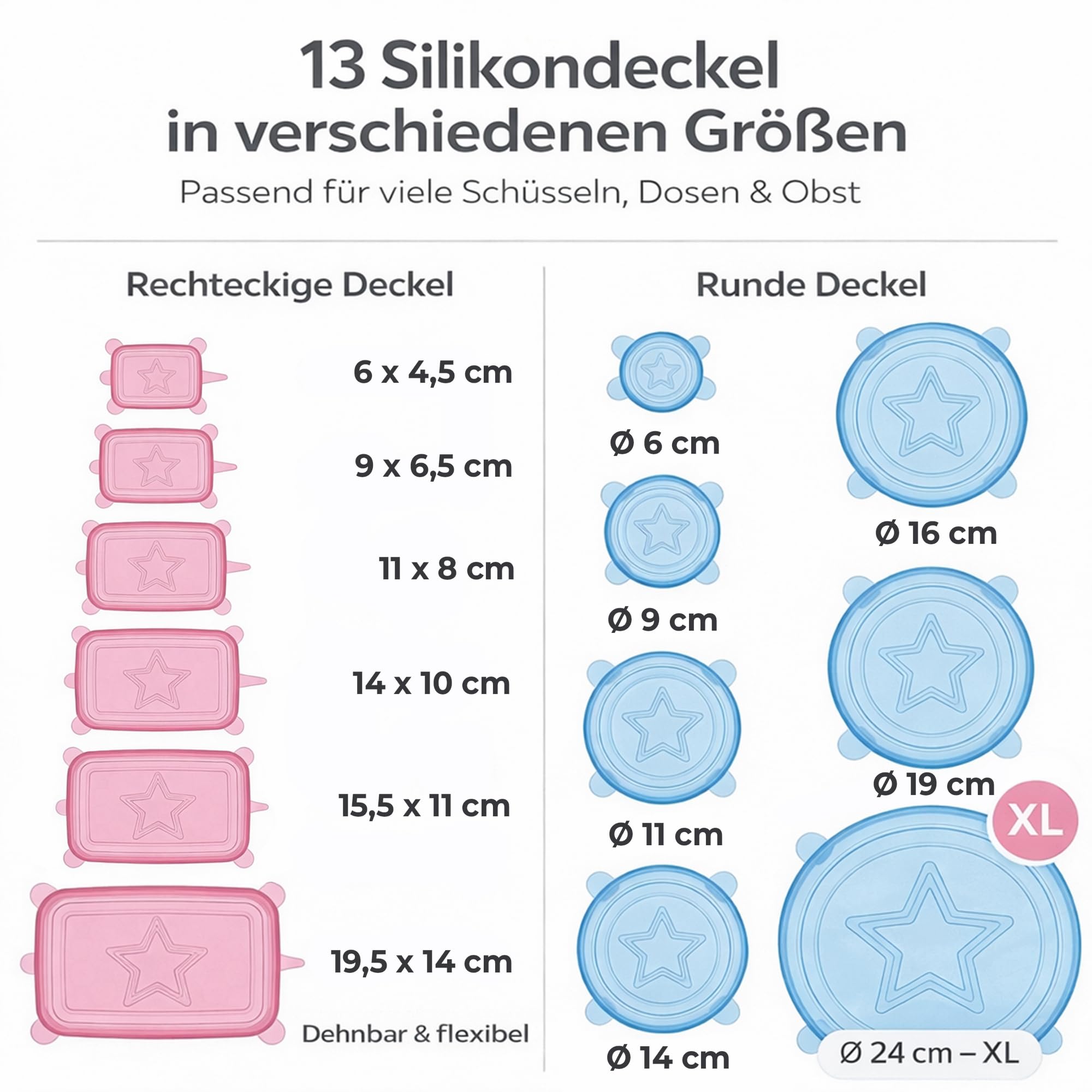 Silikon Deckel Set 13er – Dehnbare Silikondeckel rund & eckig inkl. XL 24 cm – Frischhaltedeckel für Schüsseln, Töpfe, Gläser & Dosen – BPA frei, wiederverwendbar, spülmaschinenfest - 5