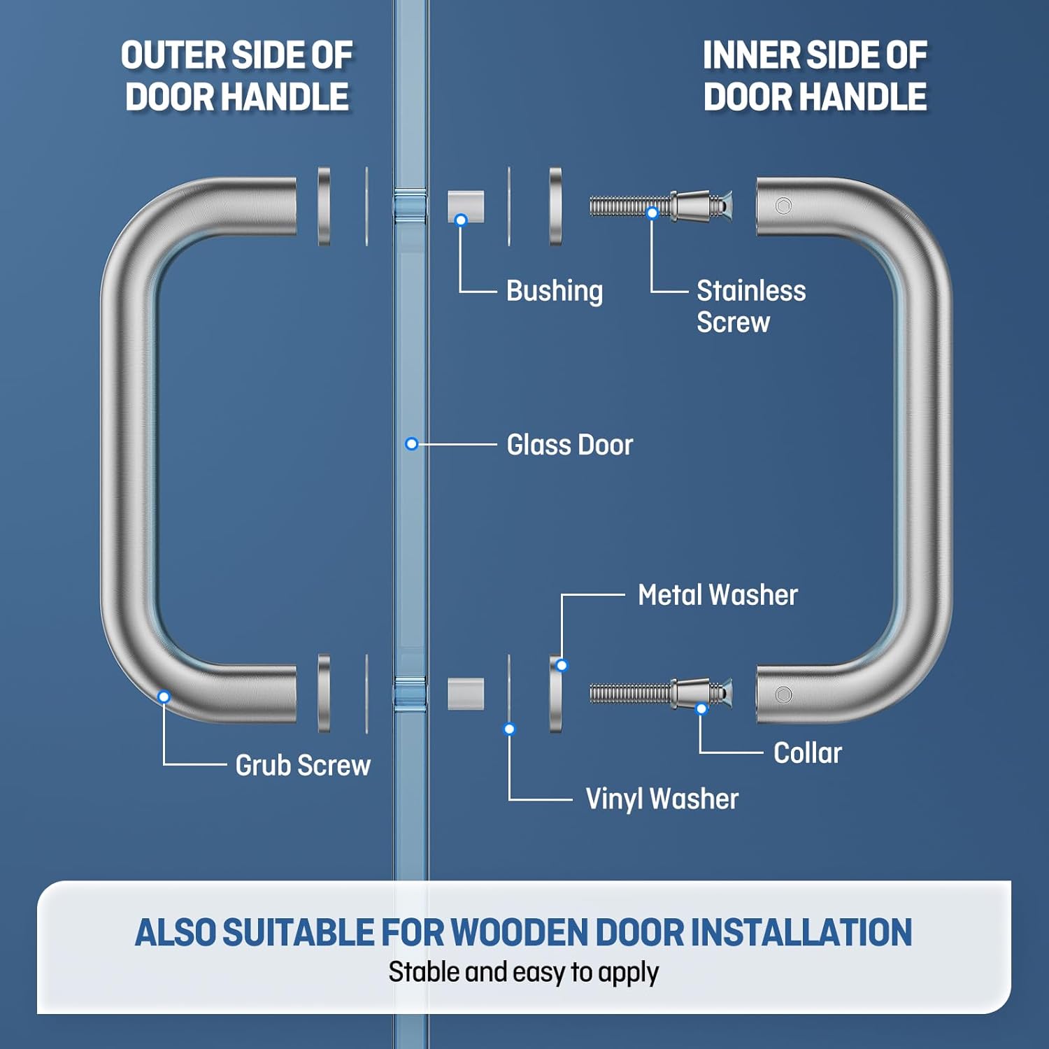 Ranbo Brushed Nickel 6" （CTC） Tubular Back-to-Back Shower Door Handle，3/4" Diameter Pull Handles with Metal Washers, for 1/4"- 1/2" Thick Glass and 1-3/8" - 2-1/6" Thick Wooden or Metal Doors
