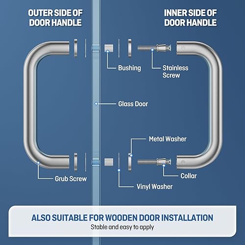 Vista 6 de Ranbo Manija tubular de puerta de ducha de níquel cepillado de 6 pulgadas (CTC), manijas de 3/4 pulgadas de diámetro con arandelas de metal