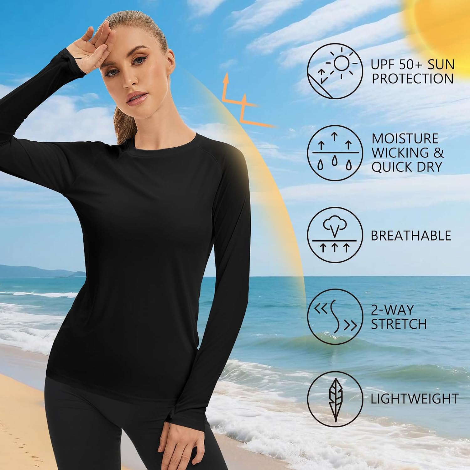 Women's UPF 50+ Quick Dry Long Sleeve Shirt Lightweight Moisture Wicking Tee for Outdoor Hiking Running Work Out