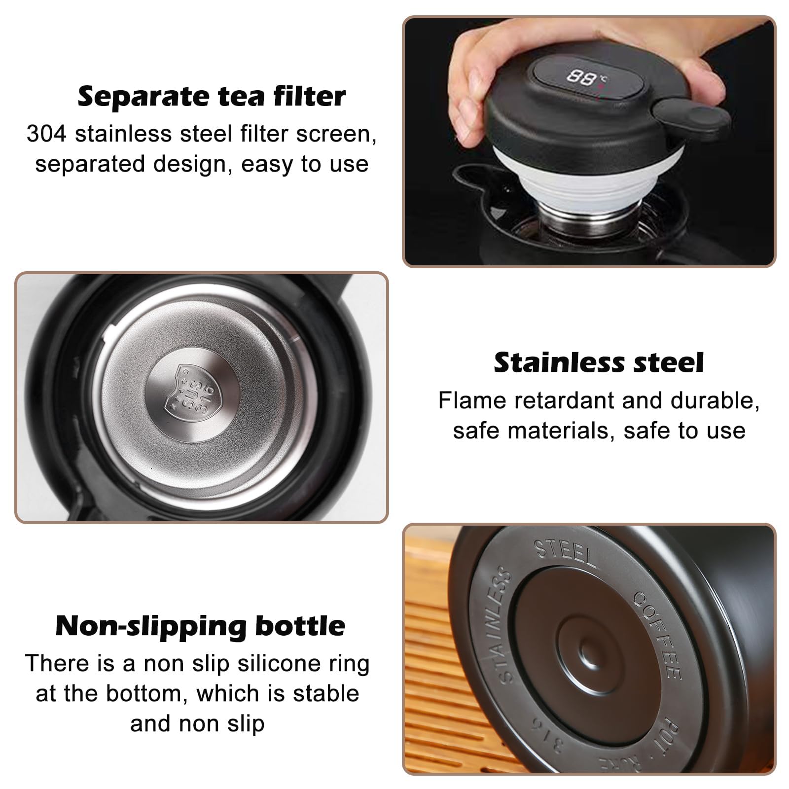 Thermos da 1 l con colino da tè, thermos con indicatore di temperatura, caffettiera (senza perdite, nessuna goccia), caffettiera ben sigillata, per caffè, tè e latte