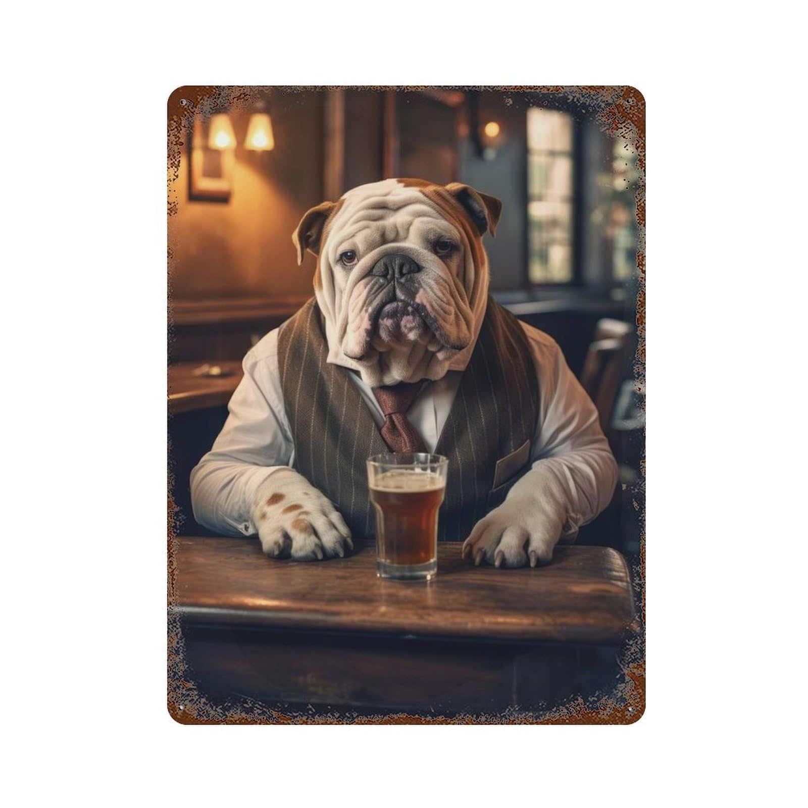 Aged Metal Wall Plaque with English Bulldog in The Pub Design 15.7"x11.8", for Basement, Hobby Room And Garage Decor, Farmhouse Wall Decor
