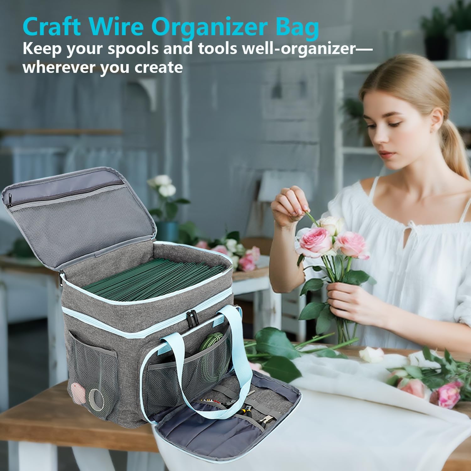 Crafts Storage Bag, Double-Layer Craft Organizer with Adjustable Dividers & Multi Pockets,Art Supply Storage Bag for Christmas Craft Supplies & DIY Kits, Gift Idea for Craft Lovers