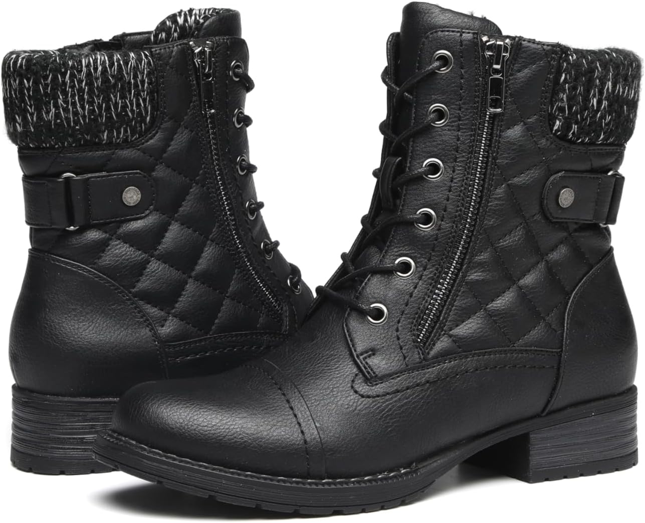 DECARSDZ Women's Fashion Black Ankle Boots Combat Motorcycle Lace Up Booties
