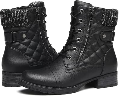 DECARSDZ Womens Fashion Black Ankle Boots Combat Motorcycle Lace Up Booties