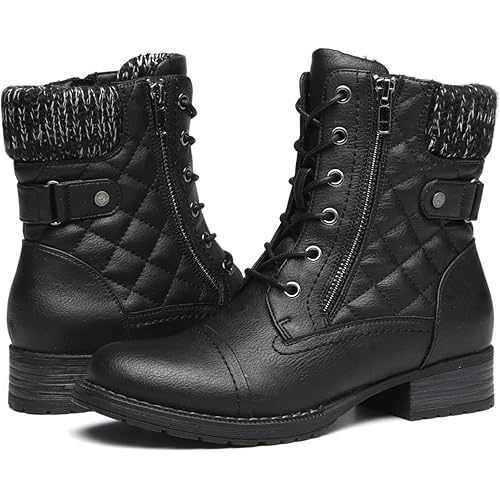 DECARSDZ Women's Fashion Black Ankle Boots Combat Motorcycle Lace Up Booties
