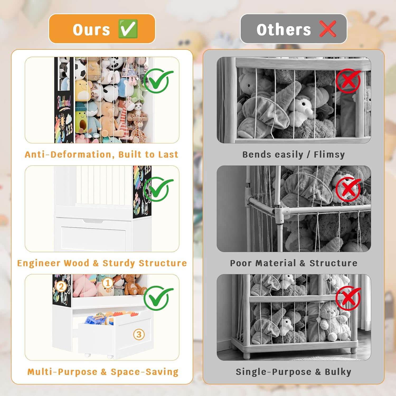 51.2"H Stuffed Animal Storage with Blackboard, Kids Toy Storage with 180L Stuffed Zoo for 80+ Plushies and Rolling Toy Box, Wooden Organizer Shelf for Girls Boys Bedroom/Playroom