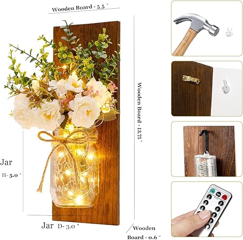 Miniatura 5 de Apliques de pared rústicos con diseño de tarro de masón hechos a mano diseño colgante con control remoto luces LED de hadas y peonía blanca
