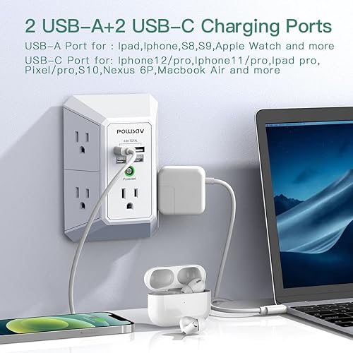 Miniatura 3 de Regleta de alimentación de 5 tomas con 4 puertos USB, protector de sobretensiones para el hogar, oficina, escuela, certificación ETL