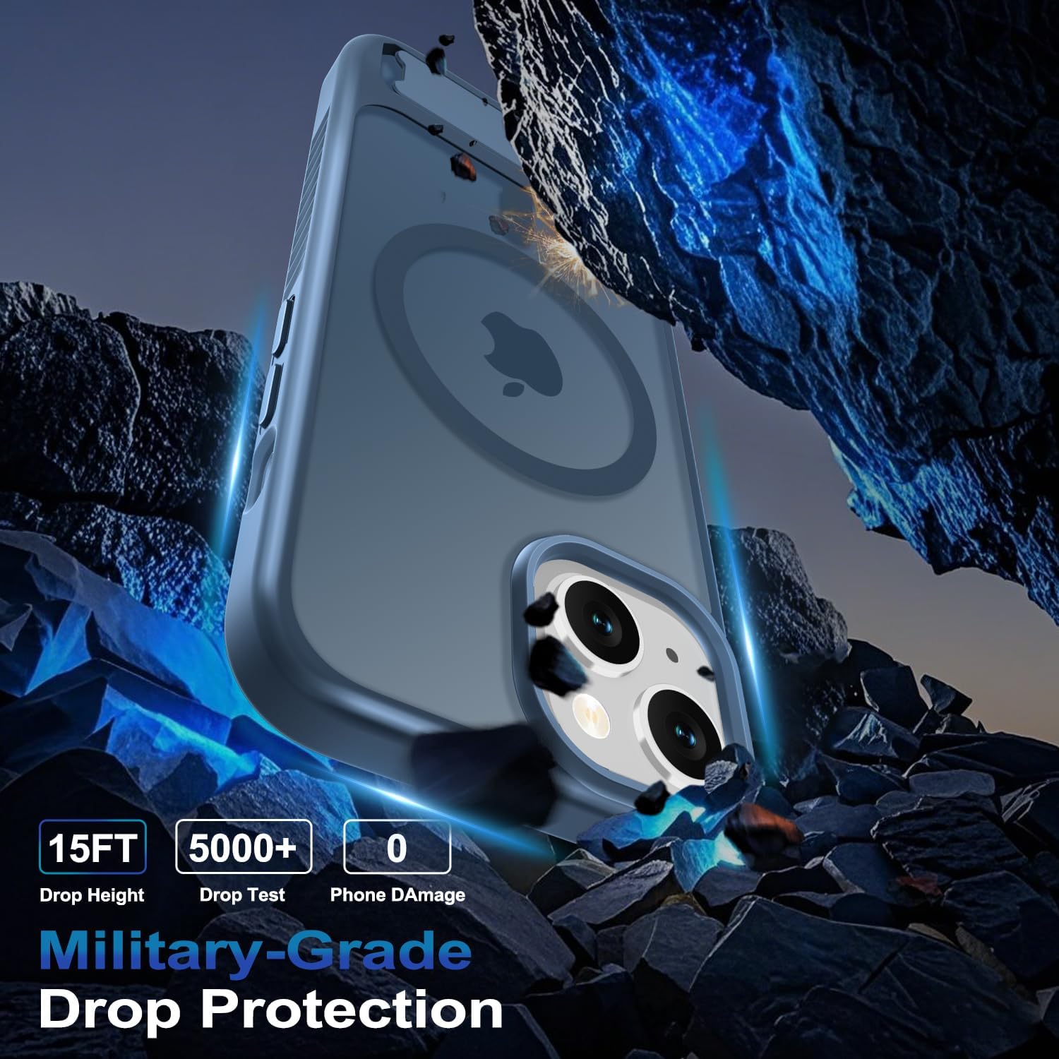 for iPhone 15 Case & iPhone 14 Case with Screen Protector+Lanyard Wrist Strap,Magnetic Translucent Matte Rugged Slim Phone Cover Built in Invisible Kickstand [Fit for MagSafe],Navy Blue thumbnail
