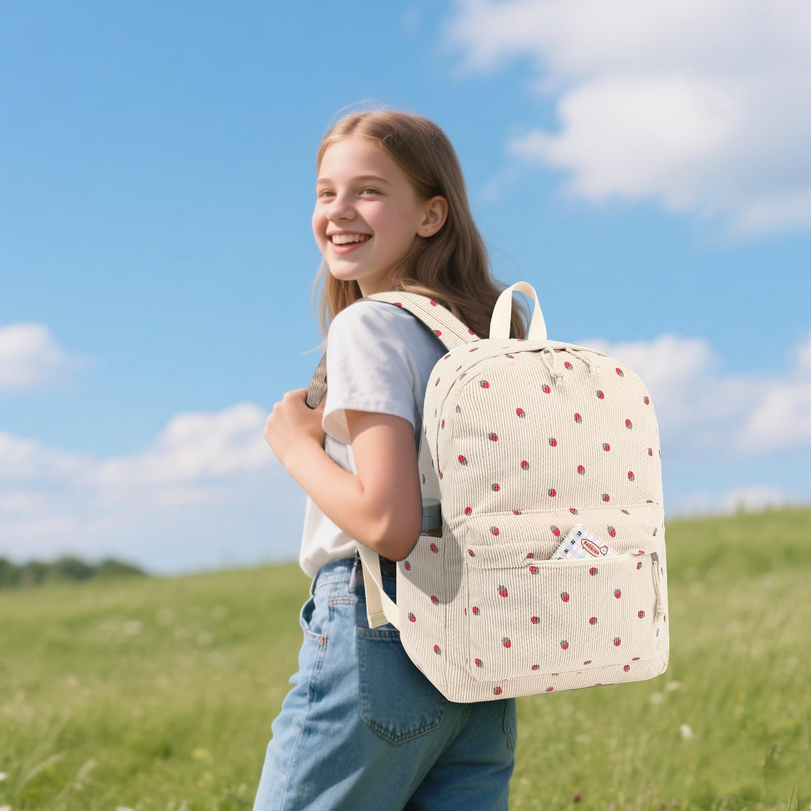 LEDAOU Rucksack für Teenager Mädchen Schulrucksack große Büchertaschen Grundschule High School Cord leichte Laptop-Taschen für Mädchen Frauen Casual Travel Daypacks (Cord Erdbeerbein)