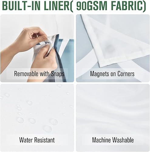 Miniatura 6 de Juego de cortina de ducha sin ganchos con forro de tela a presión, con ventana superior de malla traslúcida, diseño geométrico moderno, repelente al