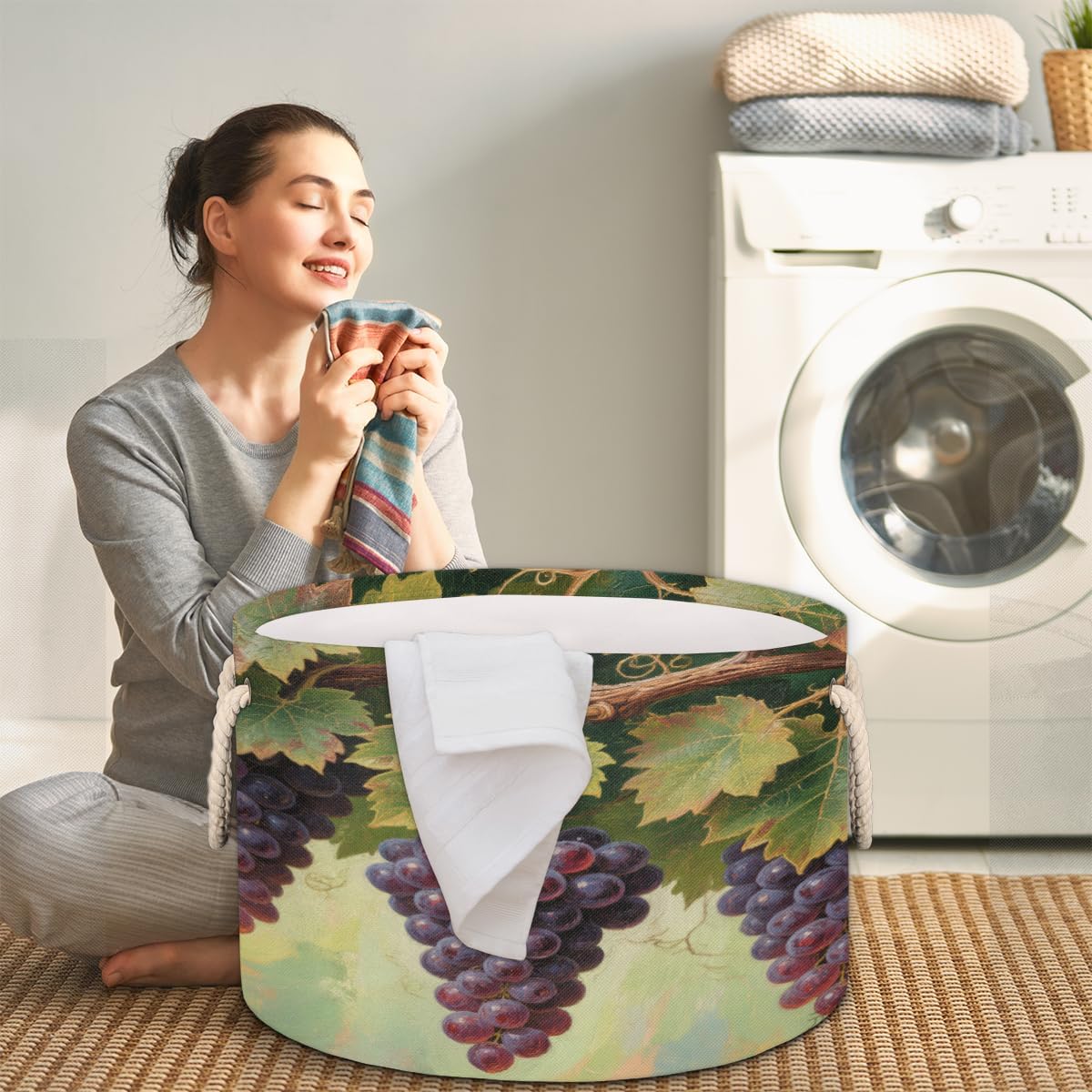 Large Storage Baskets - Purple Grapes Nursery Round Collapsible Organizer Bin Box, Laundry Hamper for Kids Toys, Blanket, Bedroom Living Room Home Decor, Gift Basket, 19.4"x13.3"