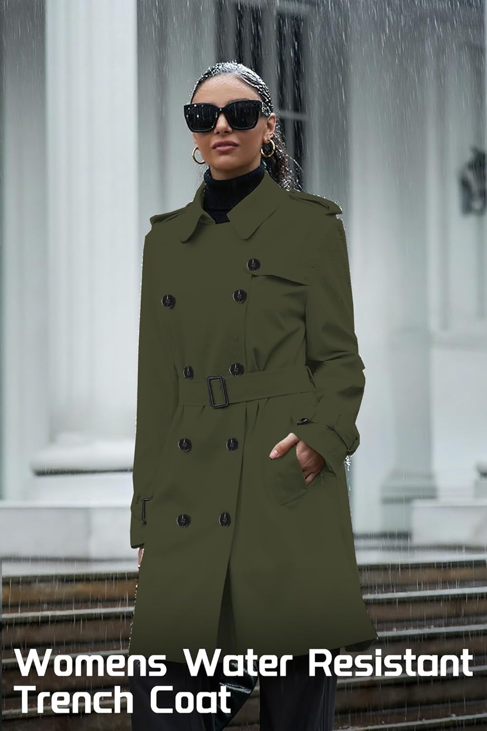 Betusline Women's Double Breasted Waterproof Trench Coat Classic Lapel Overcoat with Belt - Image 5
