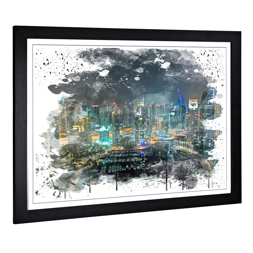 Framed Picture Print with Dubai Skyline United Arab Emirates V3 Art Design | Large Wall Art | Home Decor for Kitchen, Living Room, Dining Room, Bedroom, Hallway | A2 / 24.5 x 18 Inch | Black