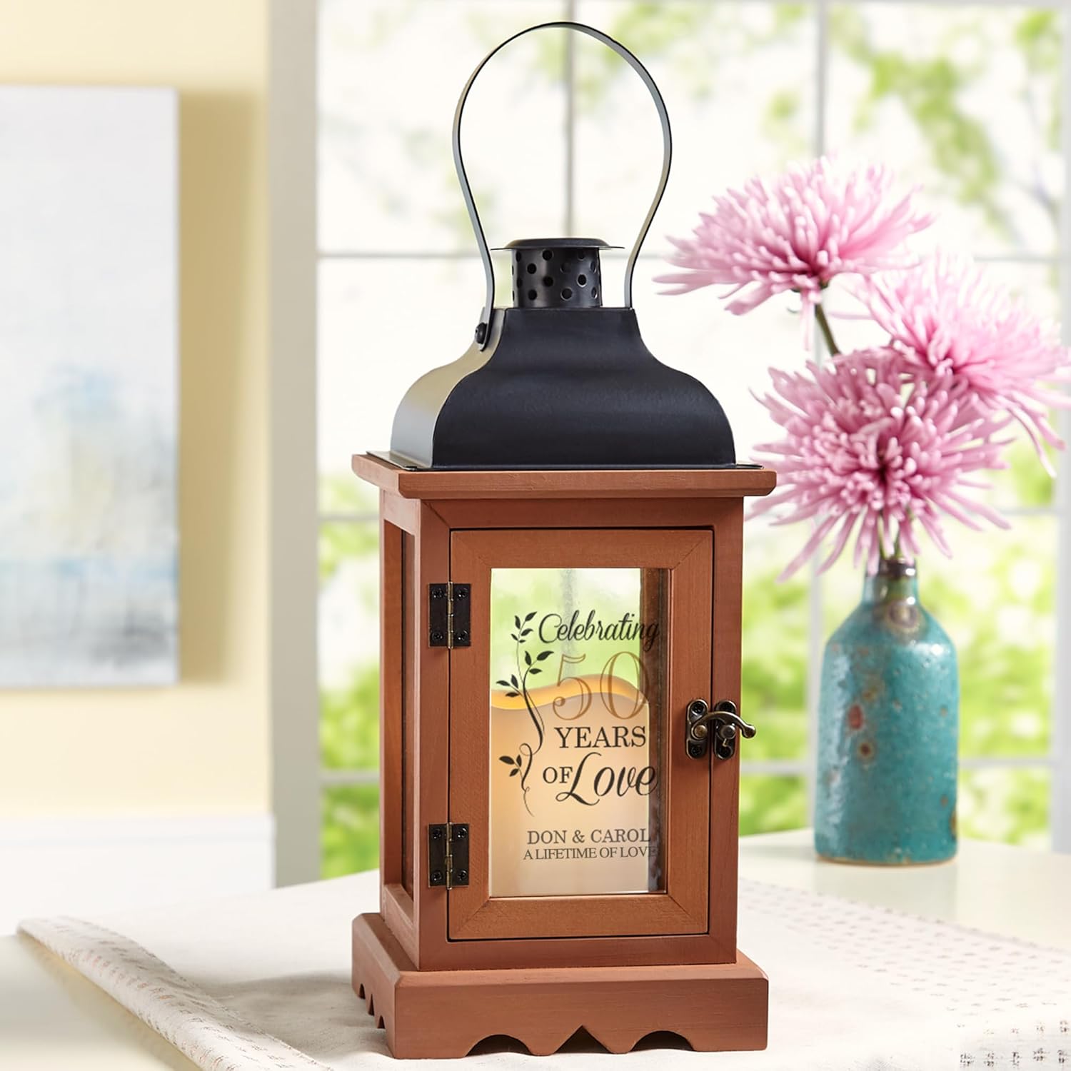Let's Make Memories Personalized Anniversary Lantern - LED Candle - Automatic Timer - Wood/Metal - Celebration of Love - Custom Years - Gold Numbers