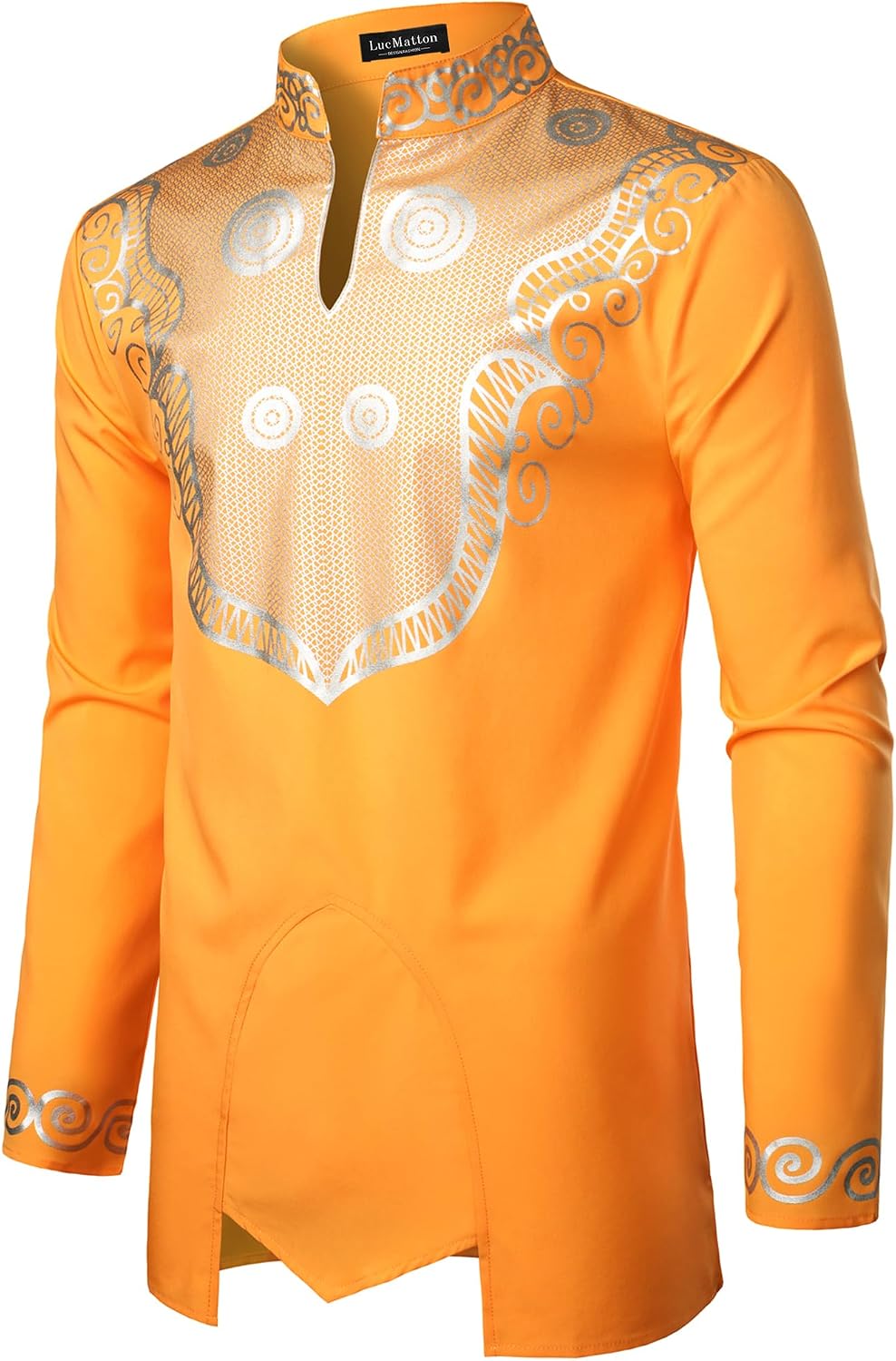 LucMatton Men's African Attire Dashiki Shiny Foil Printing Long Sleeve Slim Fit Lightweight Mandarin Collar Shirt