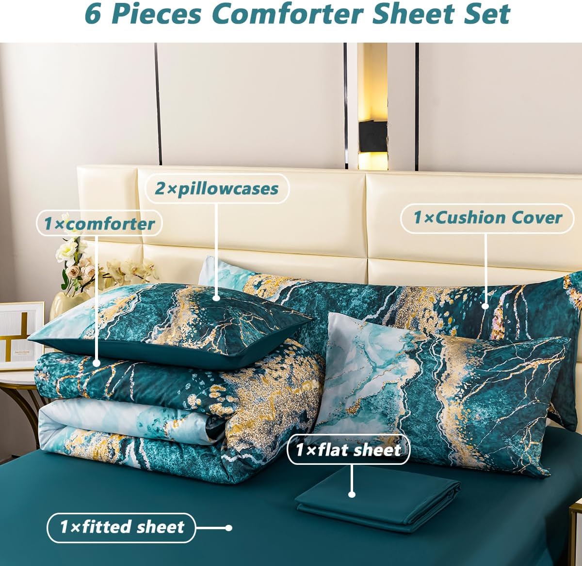PERFEMET 6 Pieces Full Size Comforter Set Aqua Gold Bed in A Bag Watercolor Marble Bedding Comforter with Sheets Soft Lightweight Abstract Artwork Green Bed Sets for All Season Use(Aqua, Full) - Image 3