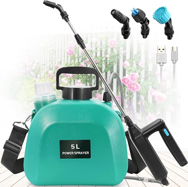 Battery Powered Sprayer 5L, Upgrade Electric Sprayer with 3 Mist Nozzles, USB Rechargeable Handle and Retractable Wand, Garden Sprayer, Weed Sprayer&Water Sprayer with Adjustable Shoulder Strap