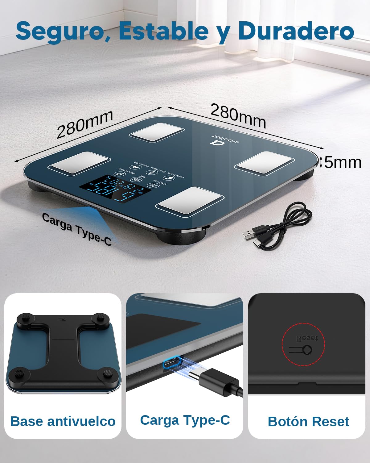 arboleaf Báscula de Baño Inteligente, Bascula Grasa Corporal y Muscular con APP, Bascula Bioimpedancia Tecnología BIA de 4 Electrodos con 14 Parámetros, Recargable por USB-C, Capacidad 180kg
