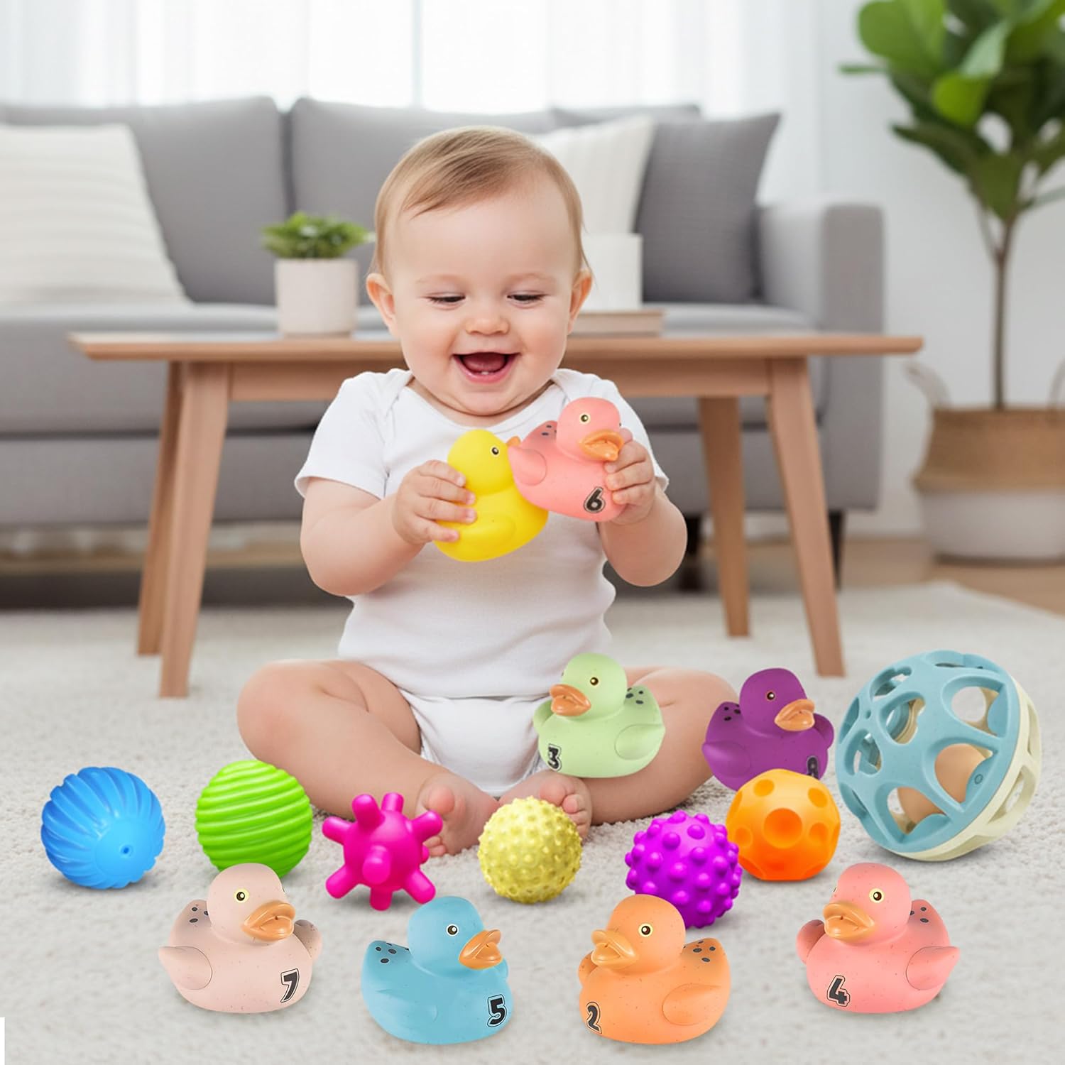 Textured Baby Balls & Wheat Straw Rattle + No-Hole Bath Duck Toy (Numbers, 8 Pack), Bath Toys for Babies 6–12 Months, Toddler 1–3, Montessori Sensory Set, Newborn Gifts for Boys & Girls