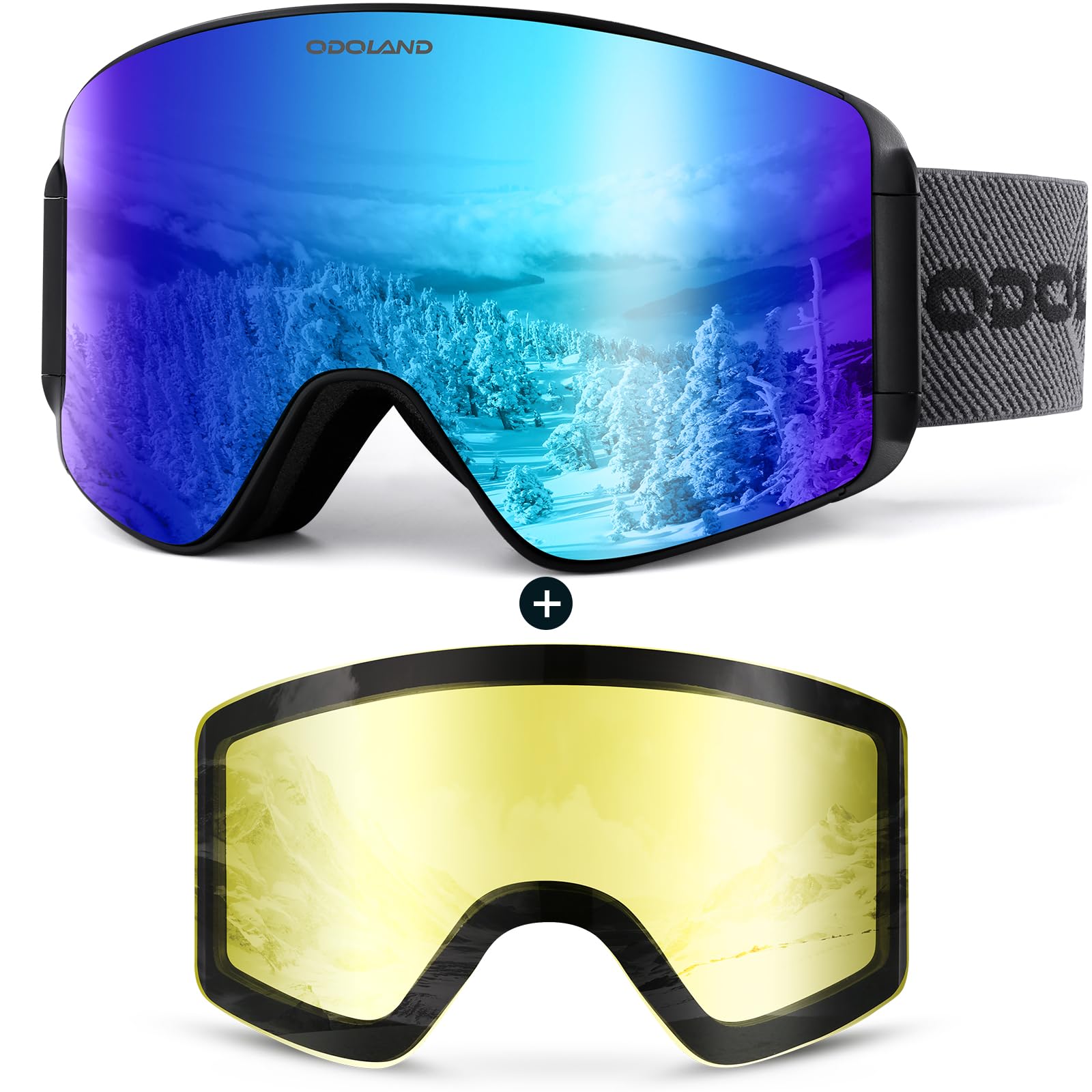 Odoland Ski Goggles with Detachable Lens, Frameless Interchangeable Lens Anti-Fog 100% UV Protection Snowboard Snow Goggles