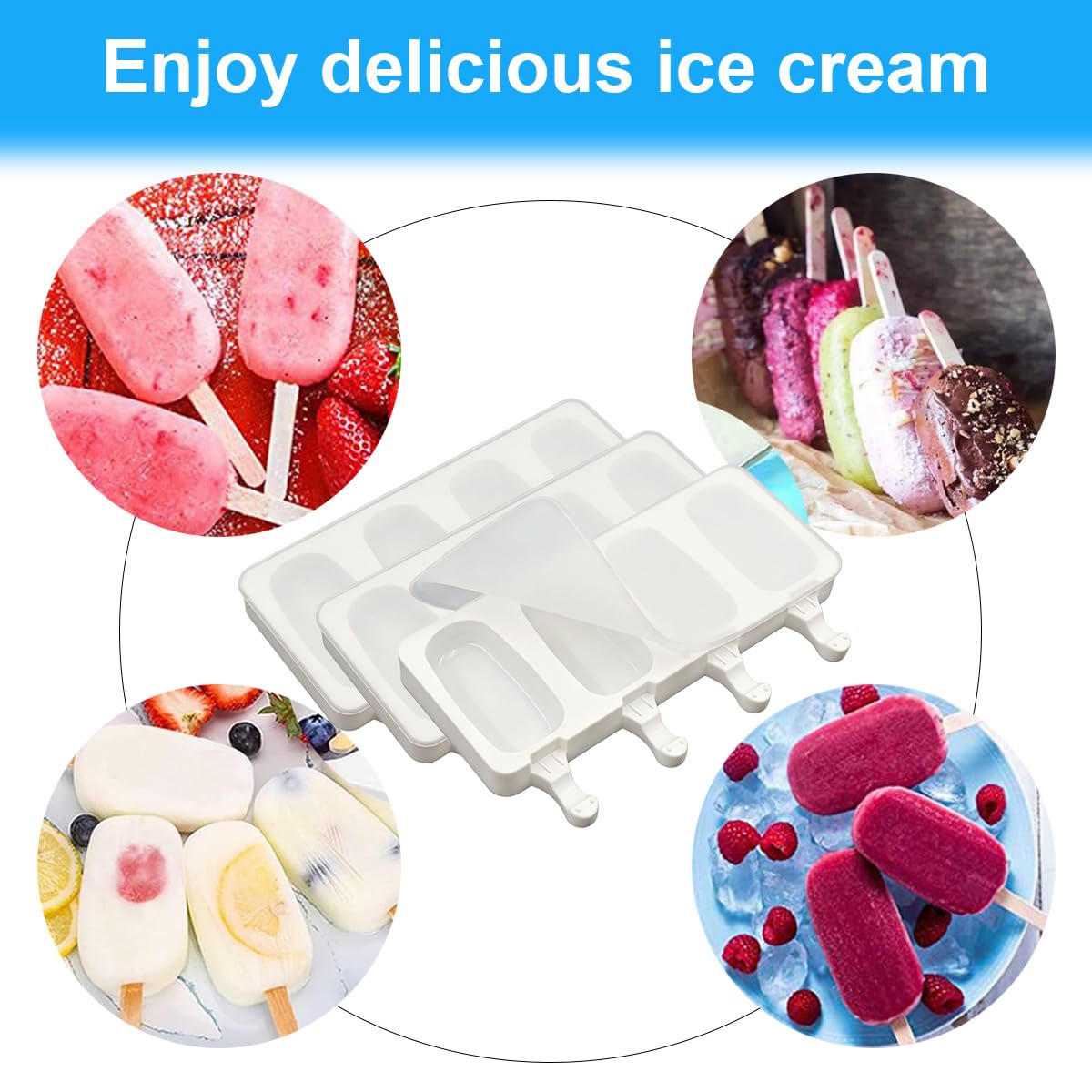 3 Piezas Moldes Helados Grandes con Tapas,Moldes Paletas Chocolate,Grandes Moldes Para Helado, Incluye 100 palo de madera,100bolsas para envolver,100cintas y 100pegatinas,para chocolate congelado DIY