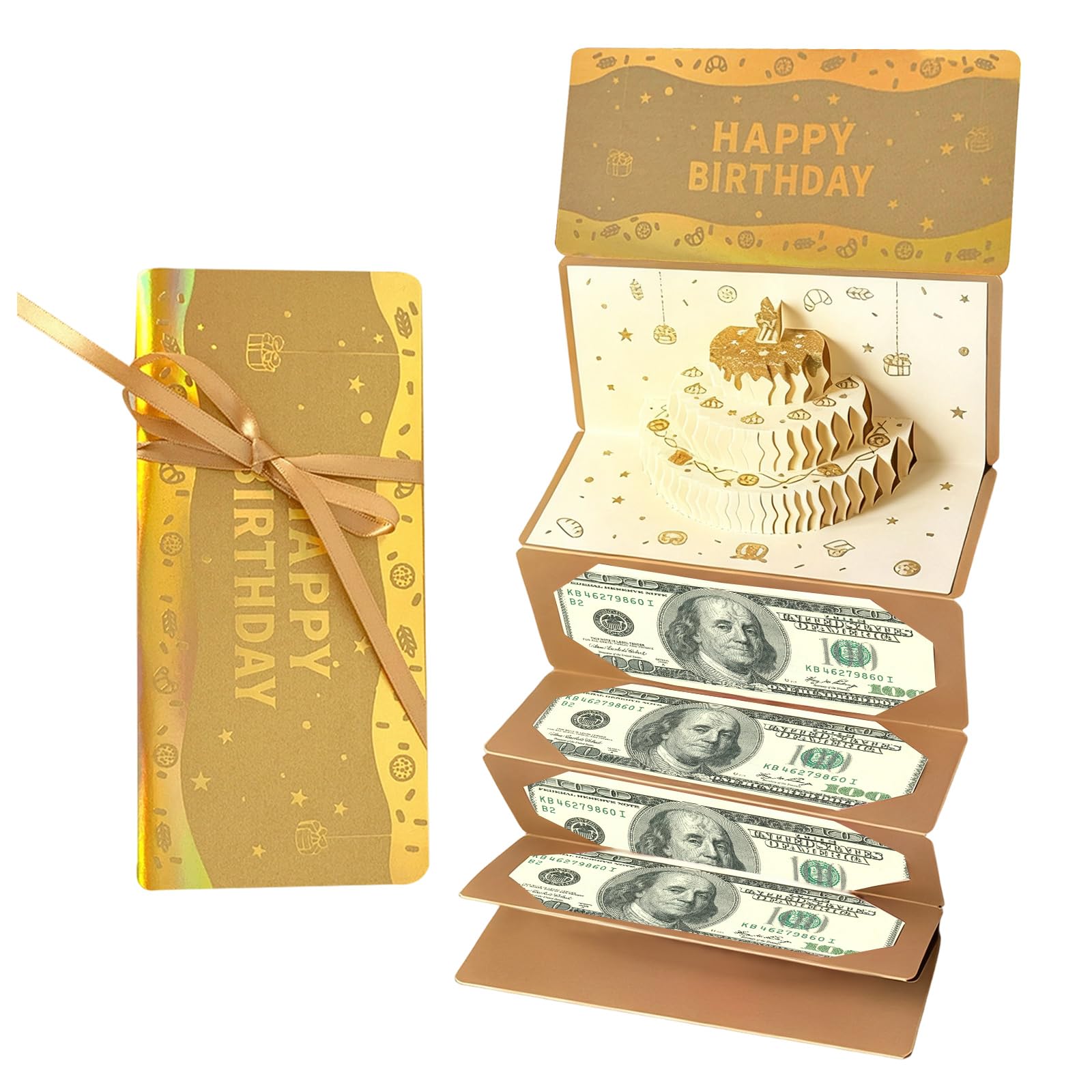 Gold Birthday Money Wallets mit 3D Design, Cake Money Cards for Cash Gifts with Music Feature, Pop Up Birthday Card 3D Birthday Greeting Card with Envelope Message Card Exquisite Money Gift