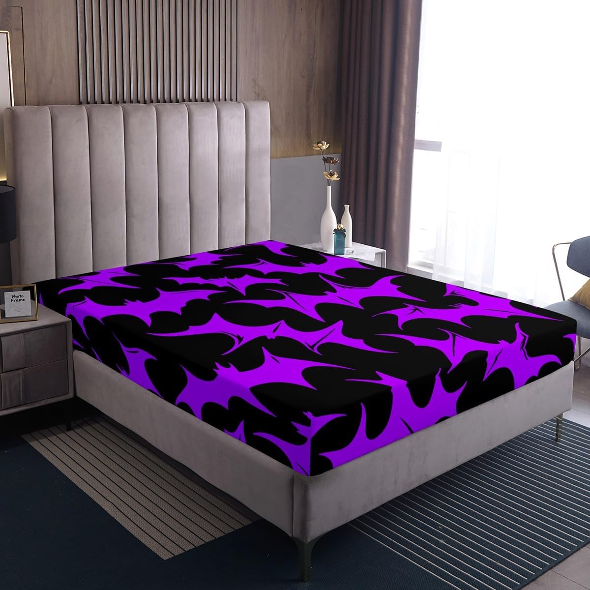 Erosebridal Bats Halloween Decoration - Black Purple Bat House Bed Sheets Fitted Sheet,Horror Animal Gothic Spooky Shadows Pattern Sheet Set King Cartoon Silhouette Halloween Home Decor
