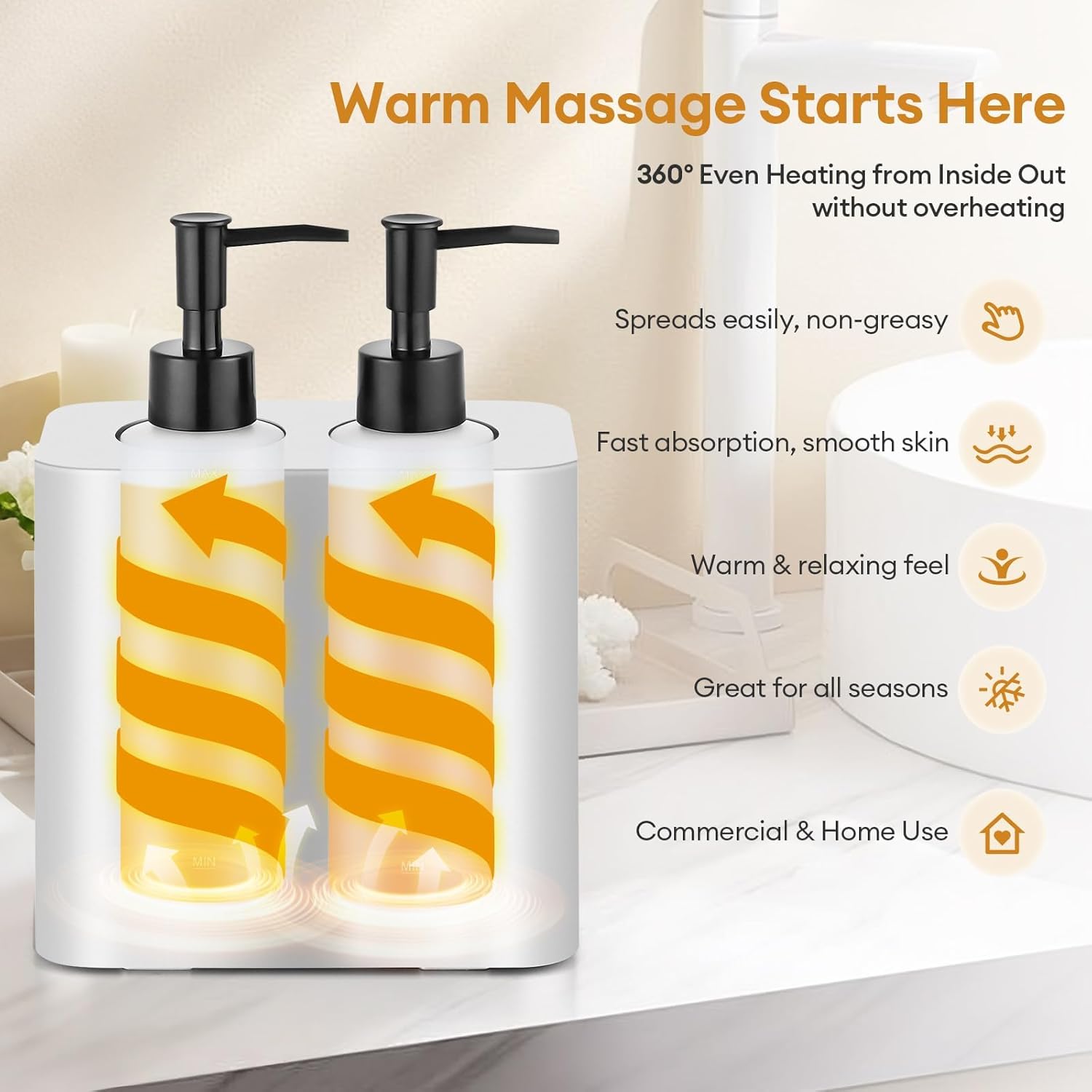 Dual Massage Oil Warmer Heater with 4 Massage Oil Bottles and 2 Funnels,Adjustable Temp (86–149°F)&Timer (0.5–24H) Lotion Warmer,Dual Bottle Heated Oil Dispenser for Spa, Salon & Home Use