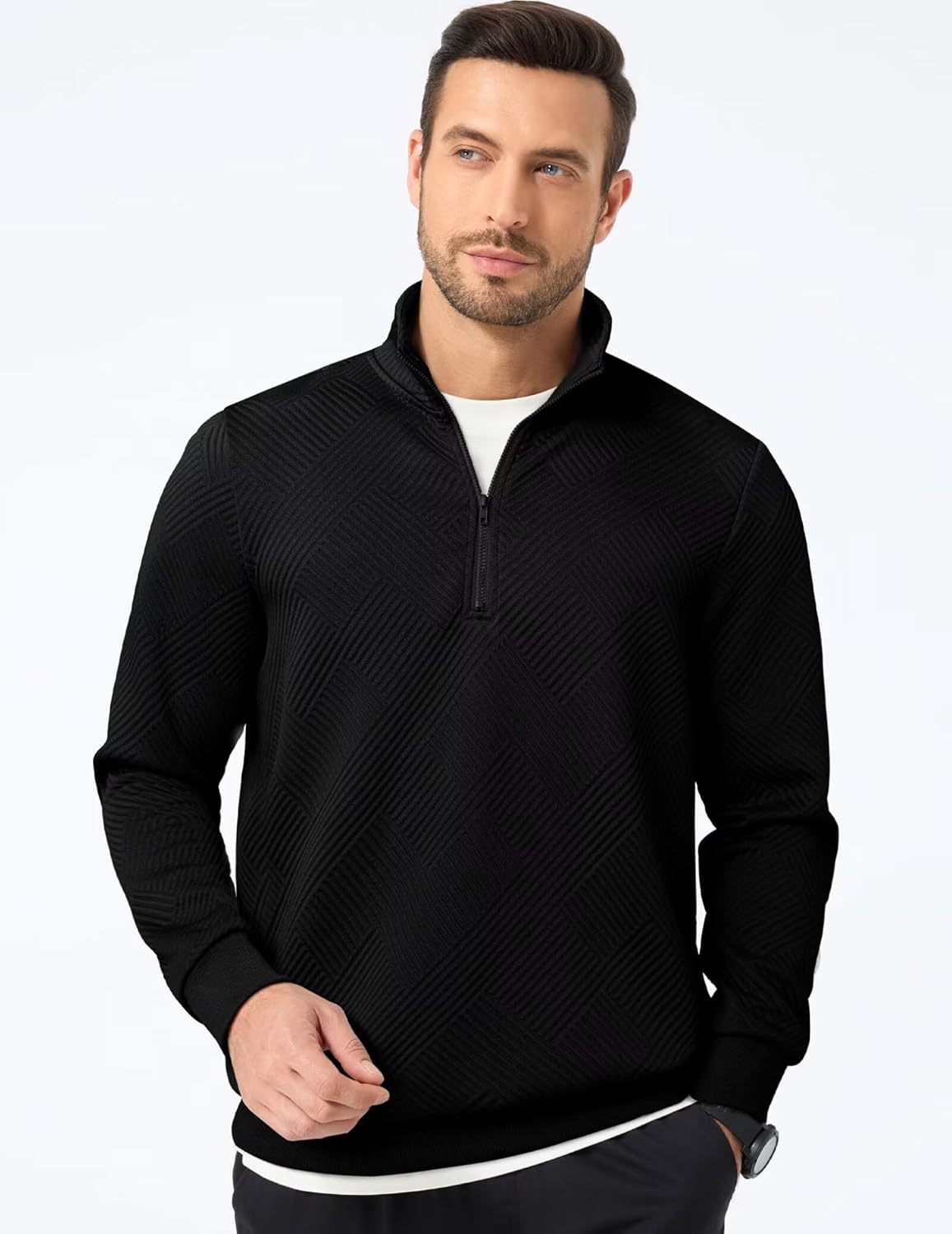 Men's Quarter Zip Sweatshirts Soild Casual Geometric Texture Long Sleeve Knit Mock Neck Sweaters Pullover - Image 5