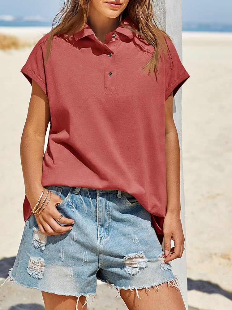 Tankaneo Womens Oversized Cap Sleeve Polo Shirts Summer Casual V