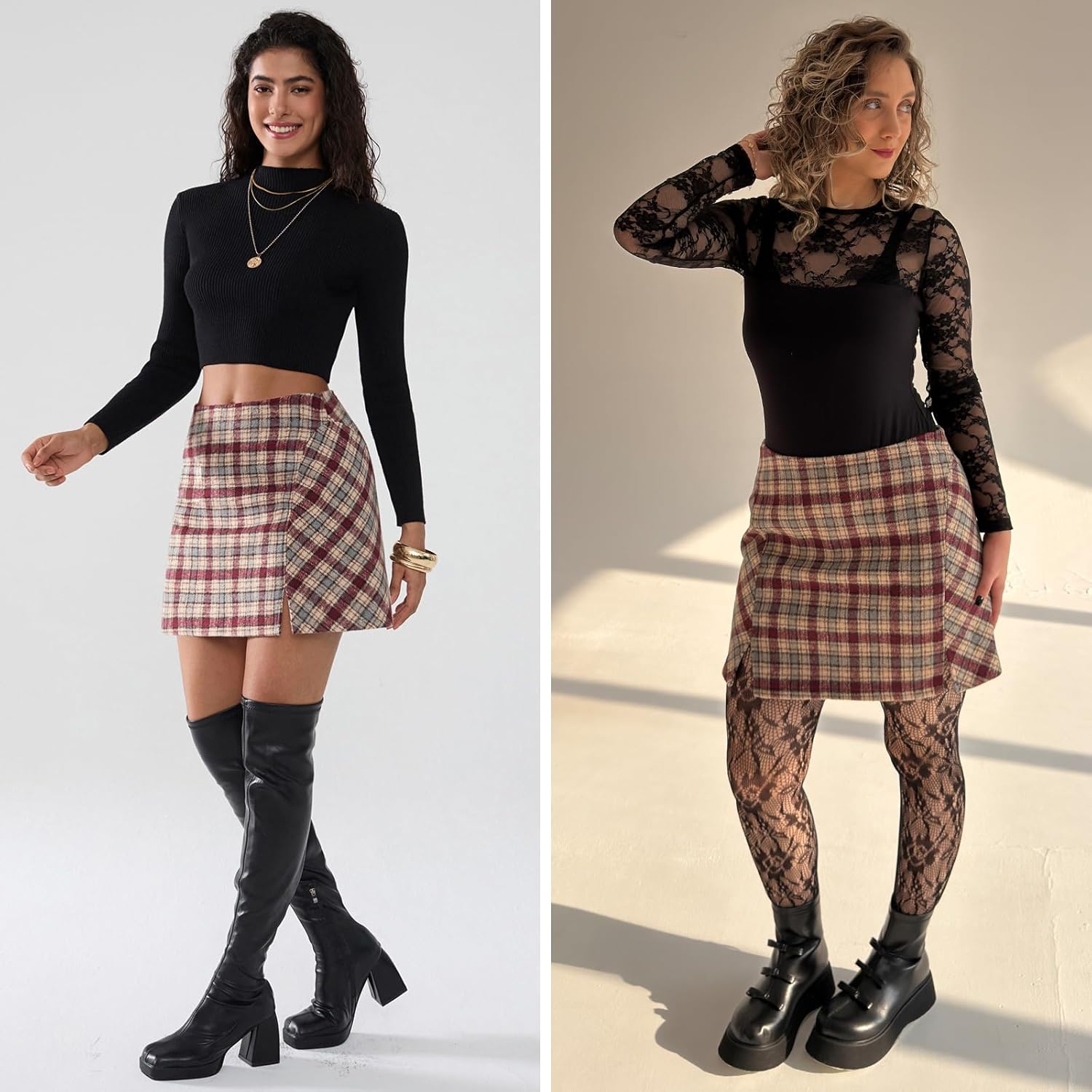 EXLURA Women's Fashion Faux Wool Mini Skirt High Waisted Y2K Trendy Side Slit Tweed Plaid Skirts 2025 Fall Winter Outfits - Image 5