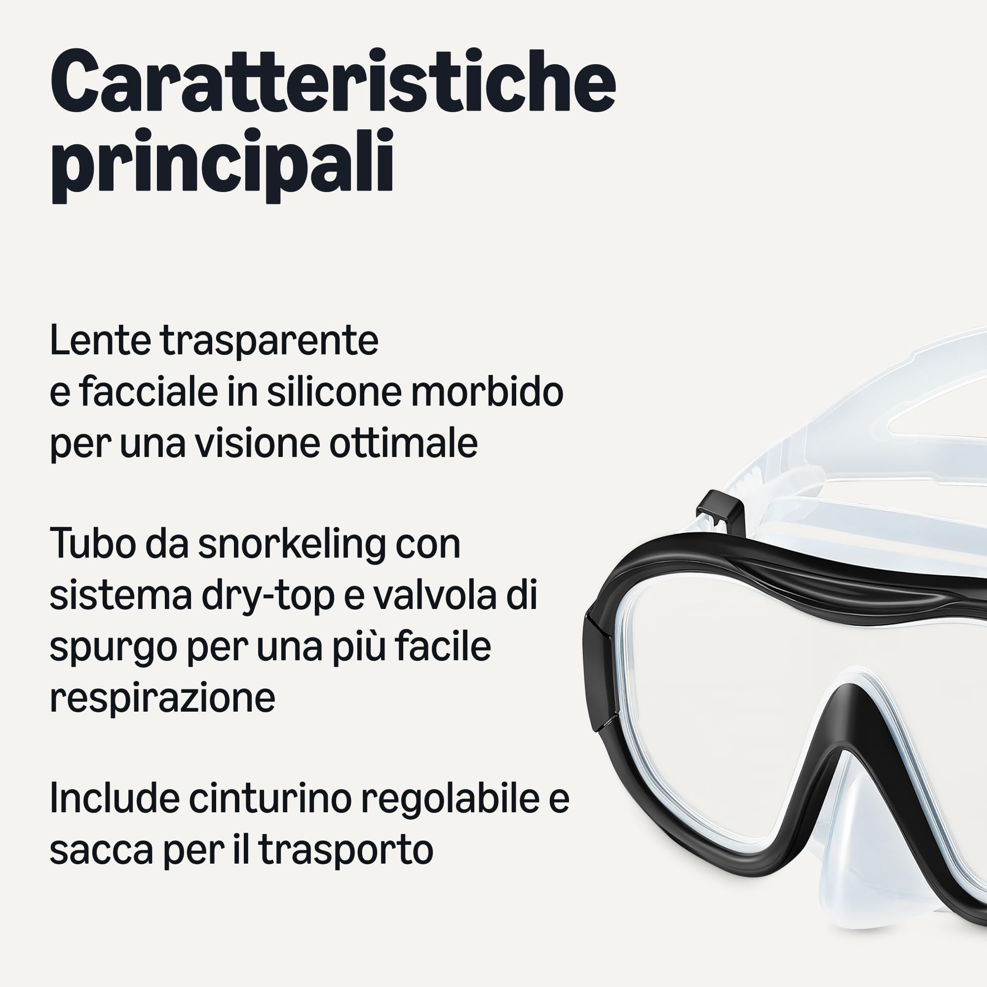 Amazon Basics Maschera da Snorkeling con Borsa da Trasporto, Attrezzatura da Snorkeling per Adulti, Nera