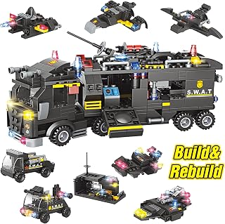 City Police Station Building Block Set, City SWAT Mobile Command Center Truck Building Toys, 9 Models Includes Robot Police, Patrol Boat, Helicopter, Creative Gift for Boys Girls Aged 6+, 1006 Pieces