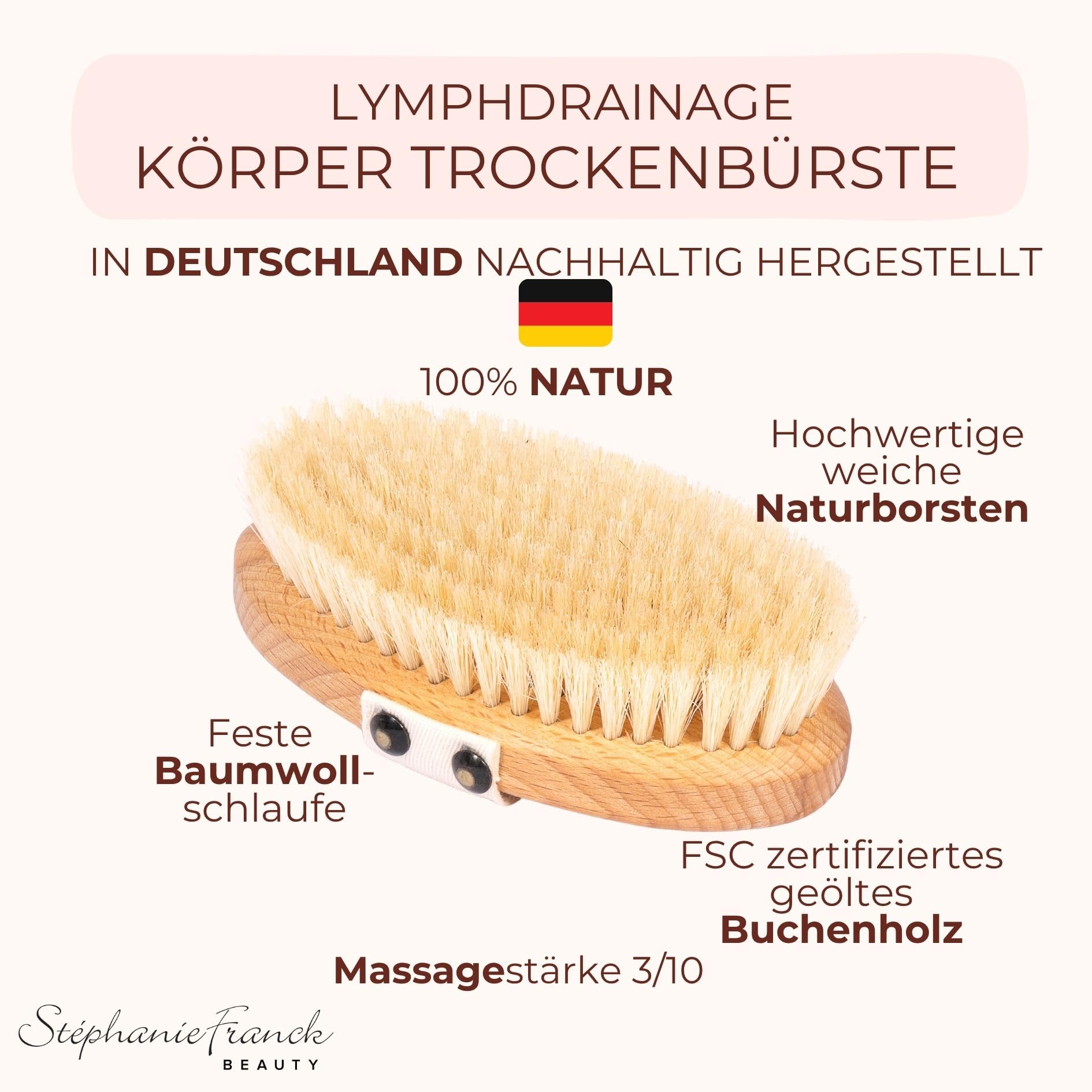 Stephanie Franck Trockenbürste Körper weich – Soft Body Brush mit Naturborsten & FSC-Buchenholz, für Lymphdrainage, Peeling & Massage, ideal bei sensibler Haut, Made in Germany