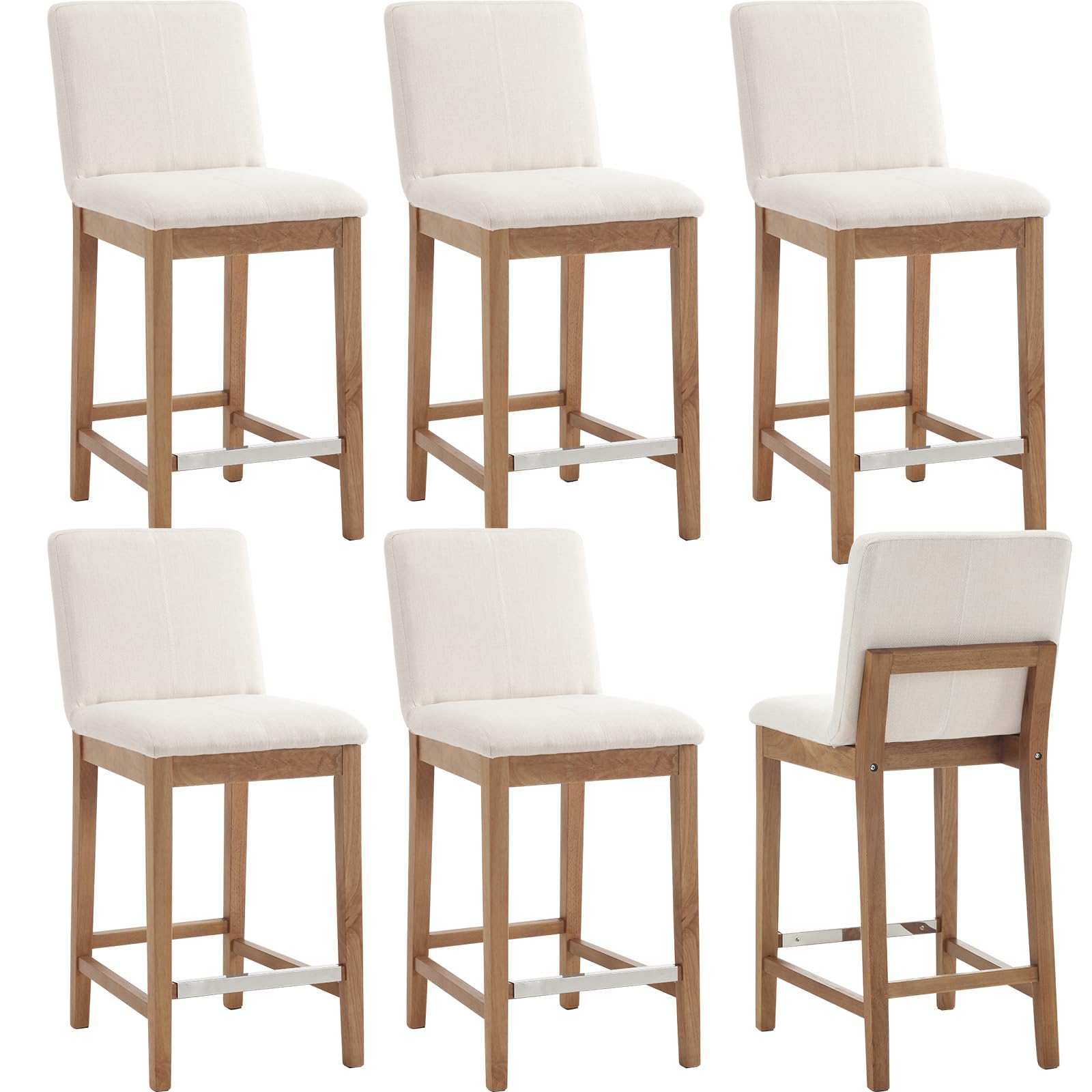 LZAREAL Counter Height Bar Stools Set of 6, 26'' Modern Upholstered Barstools with Natural Wood Leg, Stool Chair for Kitchen Island, Home Bar, High