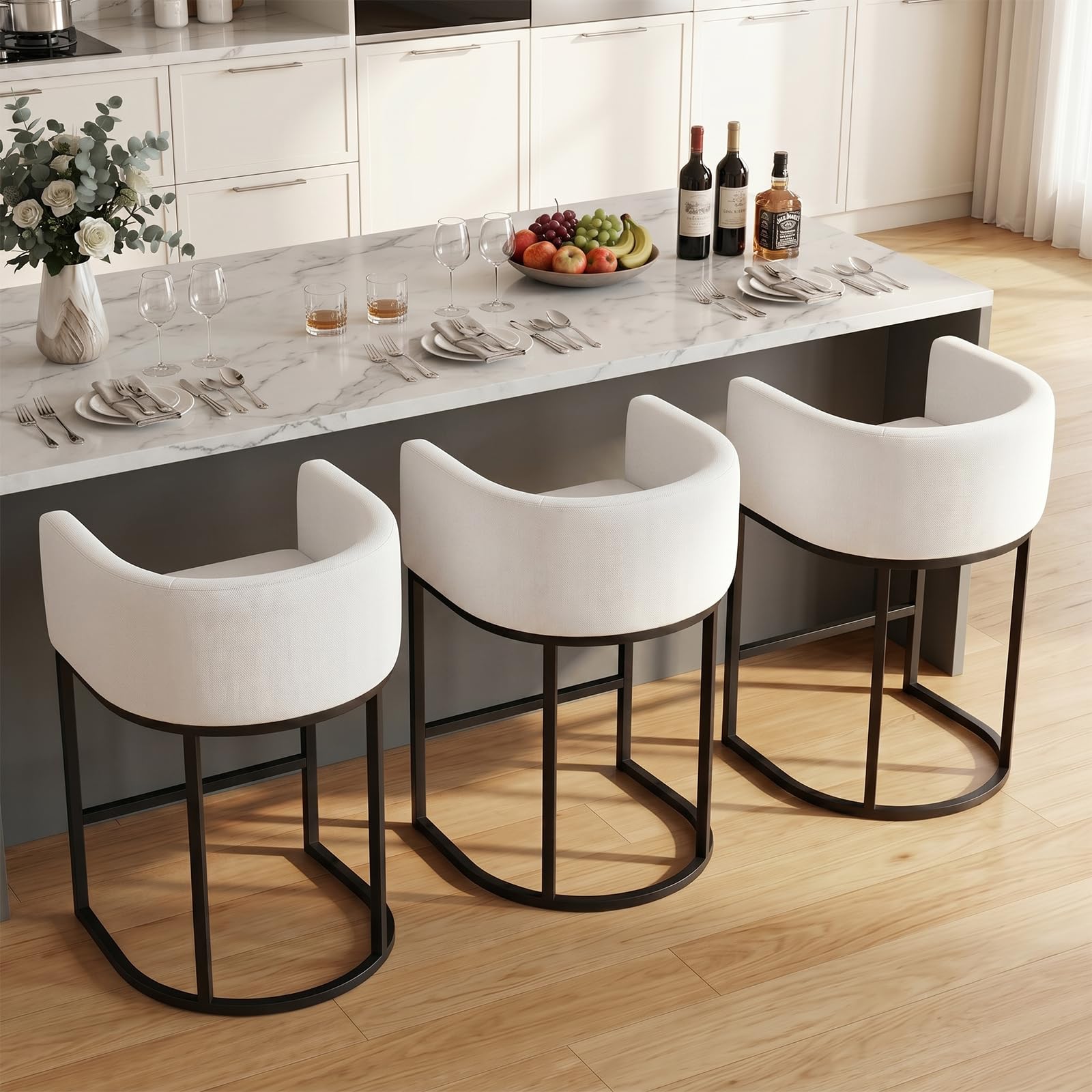 Counter Height Bar Stools Set of 3, 24 Inch Seat Height Barstools for Dining Room, Fabric Upholstered Bar Chair for Kitchen Island, Linen Counter Stools with Metal Legs, White