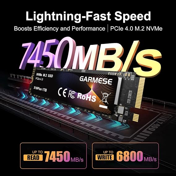 1TB NVMe SSD PCIe 4.0 M.2 2280 Internal Solid State Drive Up to 7450MB/s, High Speed Gen 4 NVMe SSD for Gaming PC, Laptop, 4K Video Editing, Creators
