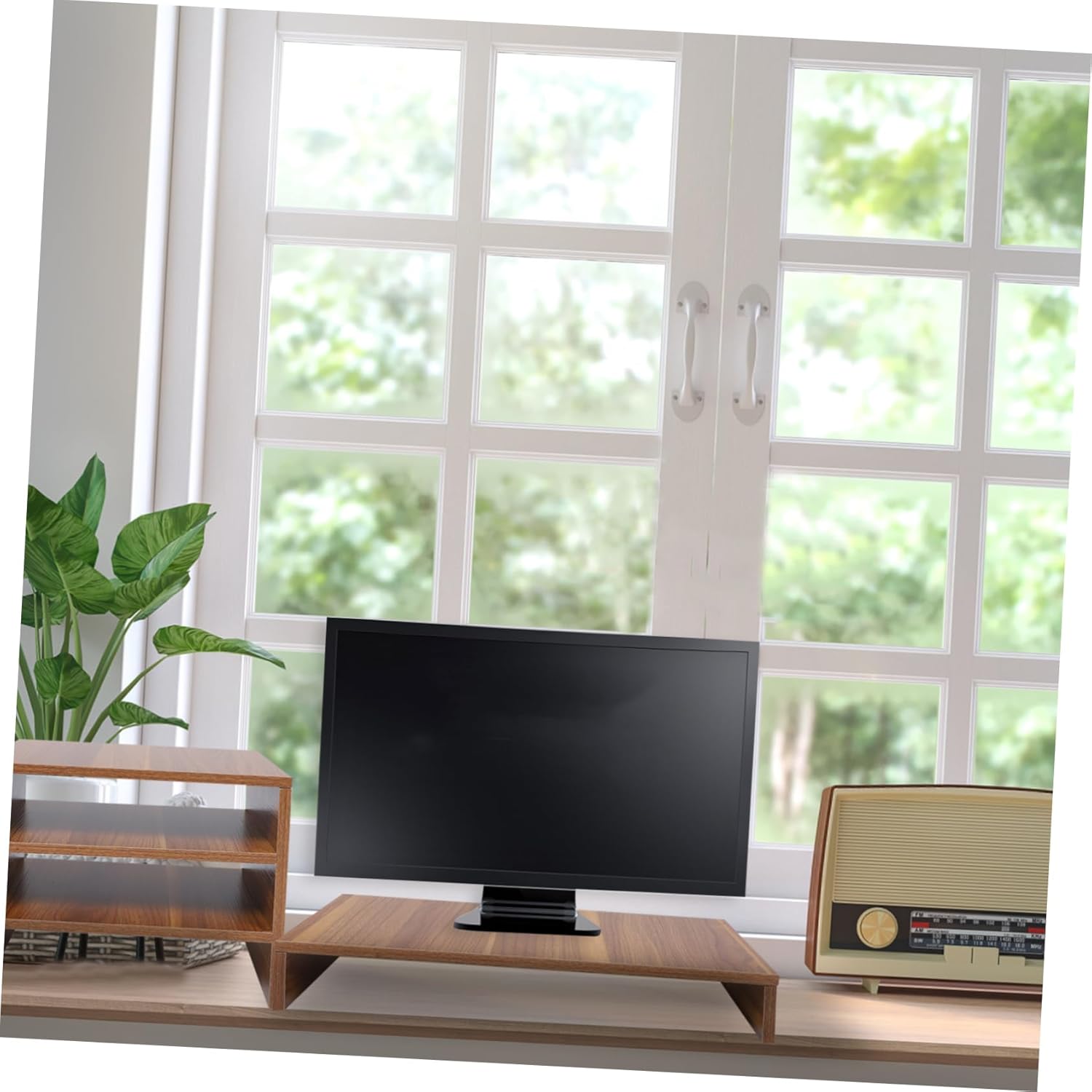 TEHAUX Computer Monitor Riser Stand for Desk Adjustable Storage Rack Organizer Wood Monitor Frame for Home Office Space-Saving Design